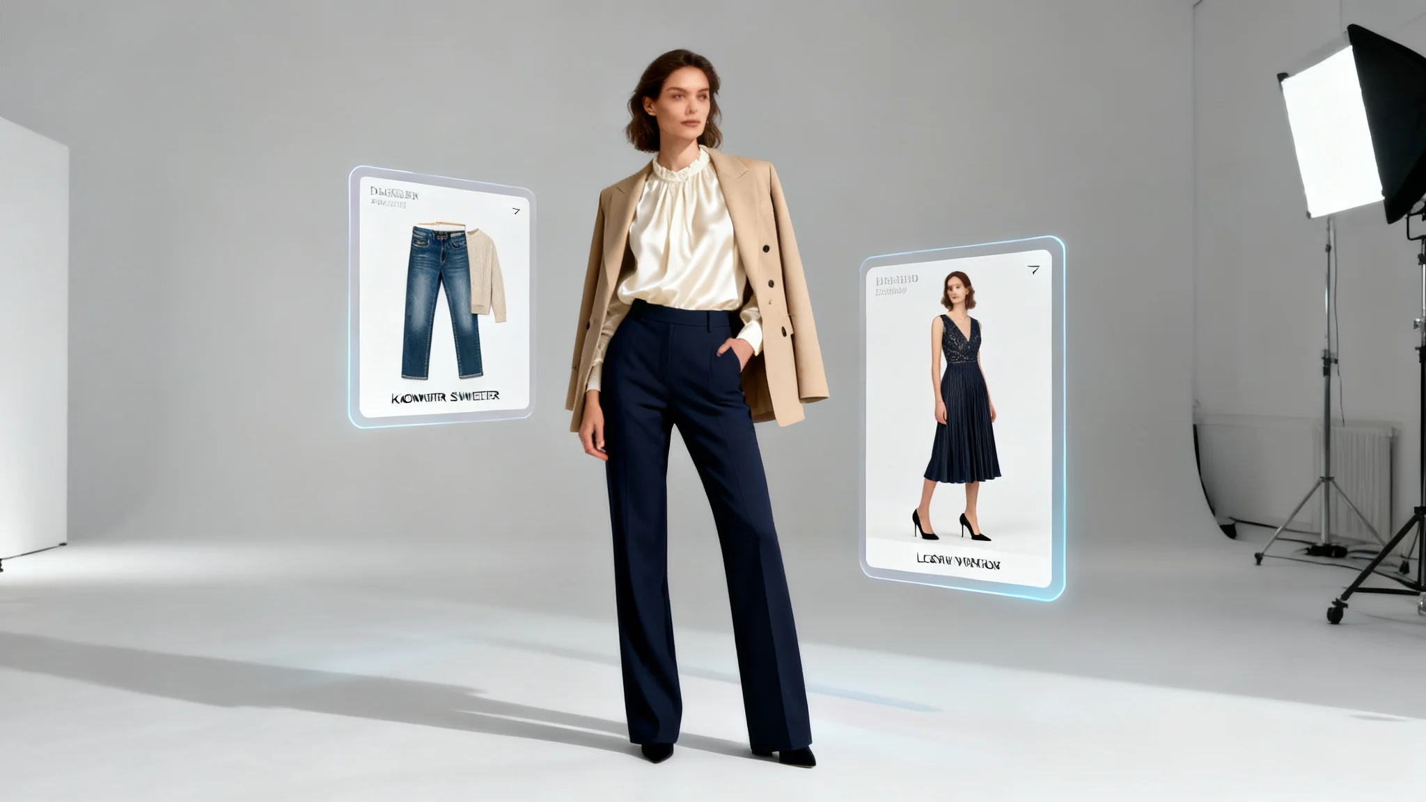 A stylish woman in a modern business-casual outfit stands in the center, with two other complete outfit suggestions displayed as flat-lays beside her, representing the output of an outfit generator.