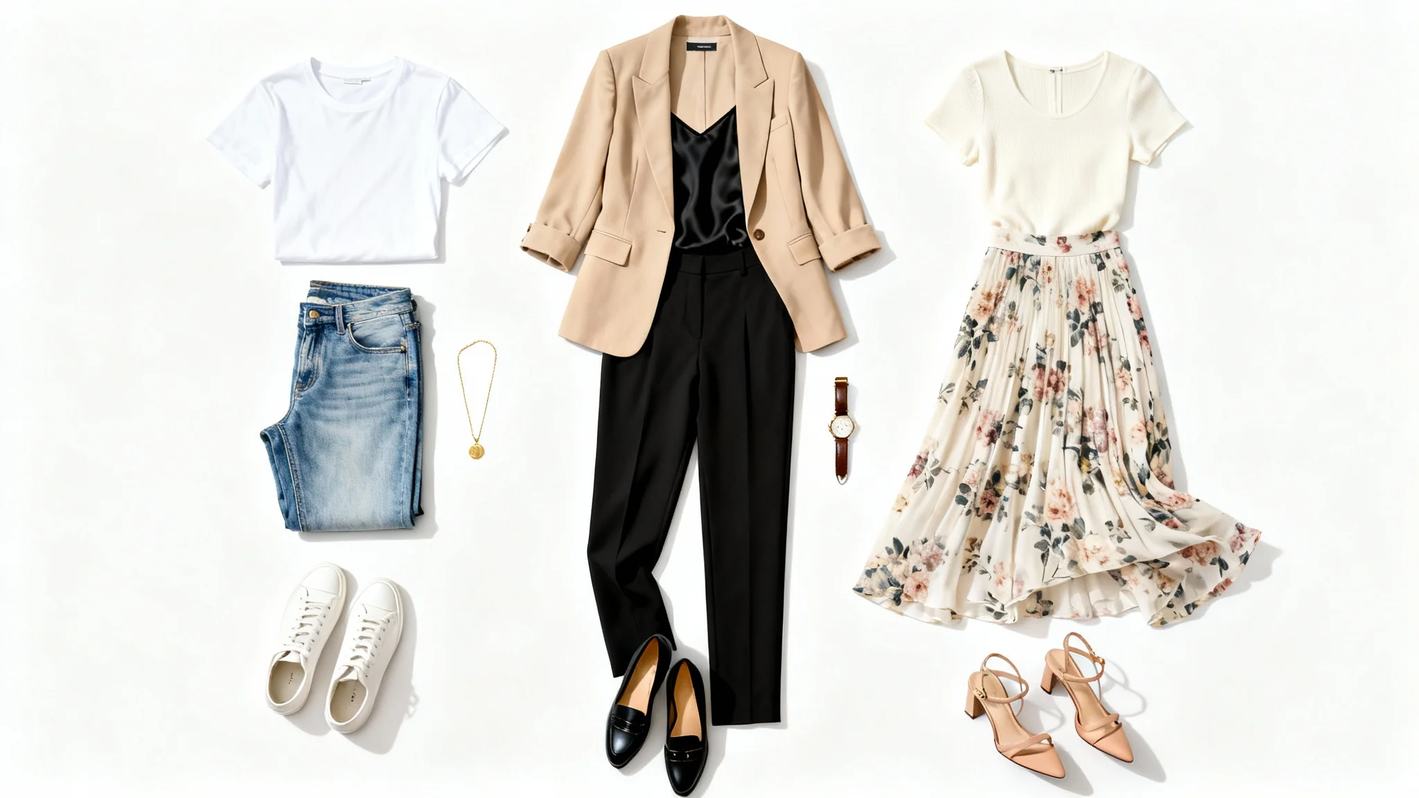 A top-down flat lay of three distinct women's outfits, casual, work, and evening, arranged neatly on a white background, symbolizing the variety from an outfit generator.