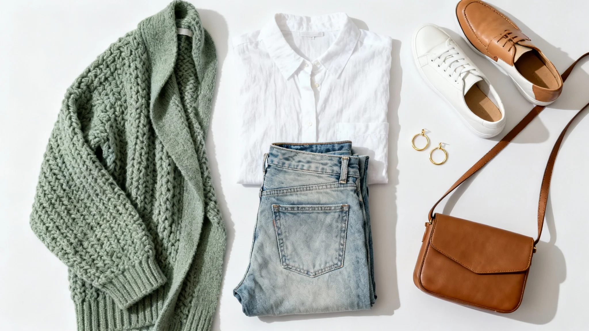A flat lay of a stylish women's outfit on a white background, featuring a sage green cardigan, white shirt, jeans, and options for shoes and accessories.