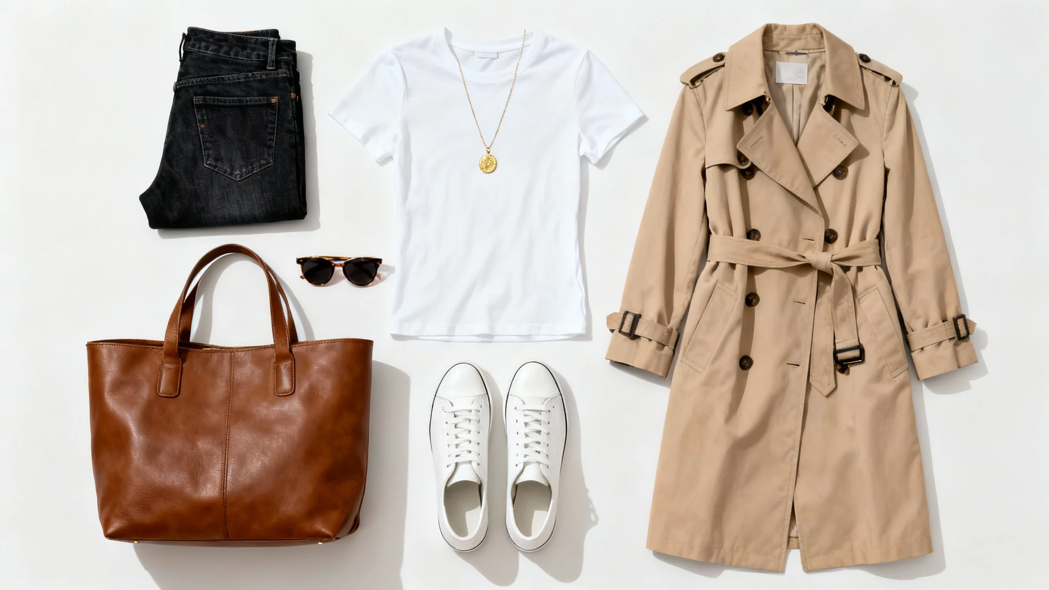A flat lay of a curated women's outfit, including a trench coat, jeans, white t-shirt, and sneakers, neatly arranged on a white background, representing an outfit generated by an AI.