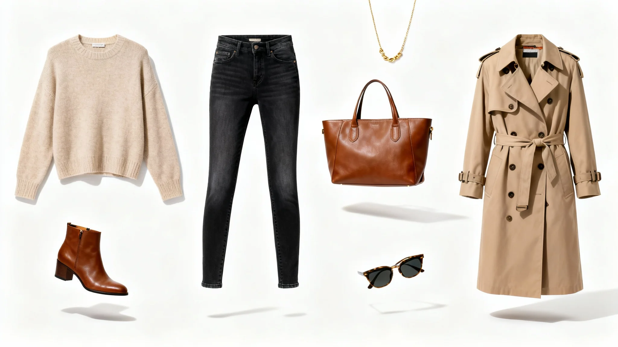 A stylishly arranged flat lay of a women's outfit, including a sweater, jeans, boots, and a trench coat, on a clean white background, representing an outfit generator.