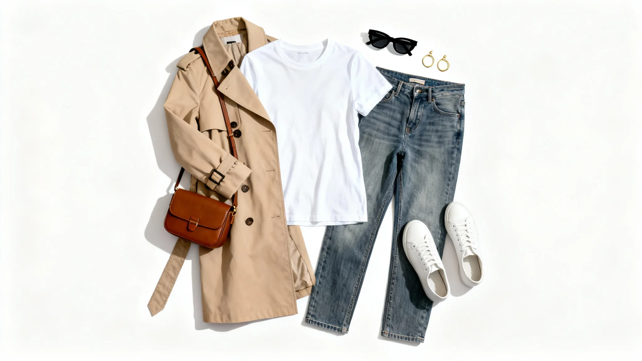 A stylish flat lay of a women's outfit, including a beige trench coat, white t-shirt, blue jeans, white sneakers, and accessories, arranged neatly on a white background.