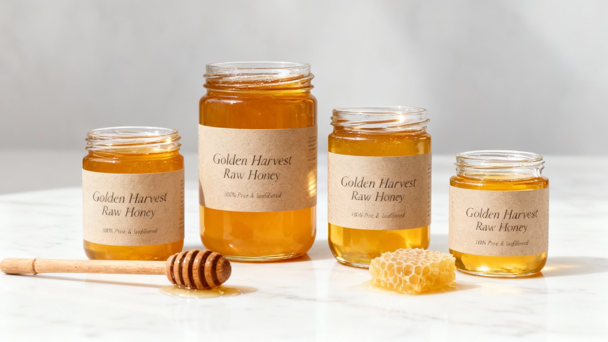 A professional product mockup of three glass jars of artisanal honey with custom labels, arranged on a white marble surface with a honey dipper.