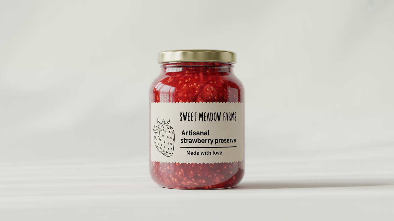 A professional product mockup of a glass jar of artisanal strawberry jam, featuring a custom label for 'Sweet Meadow Farms', set against a clean white background.