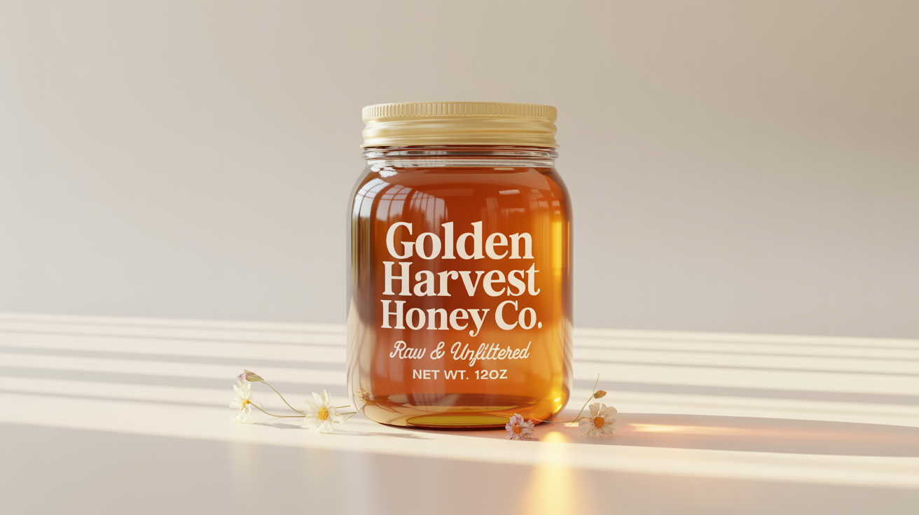 A photorealistic mockup of a glass jar of honey with a custom 'Golden Harvest Honey Co.' label, set against a clean white background.