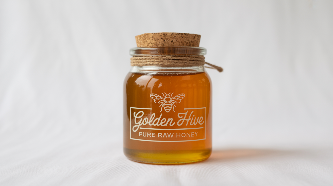 A photorealistic mockup of a glass jar of honey with a custom label for 'Golden Hive' raw honey, placed on a clean white background.