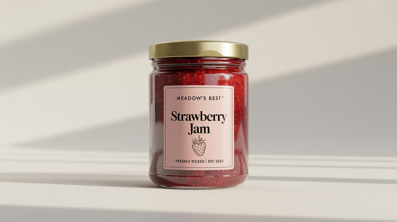 A professional mockup of a glass jar of strawberry jam with a custom label that reads 'Meadow's Best Strawberry Jam', shown against a clean white background.