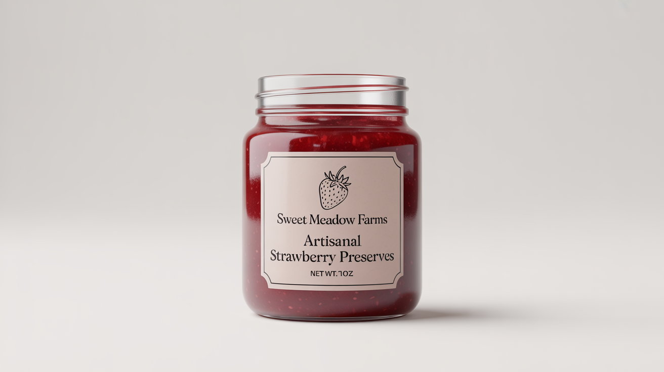 A photorealistic mockup of a glass jar of strawberry jam on a white background, featuring a custom label with the text 'Sweet Meadow Farms, Artisanal Strawberry Preserves'.