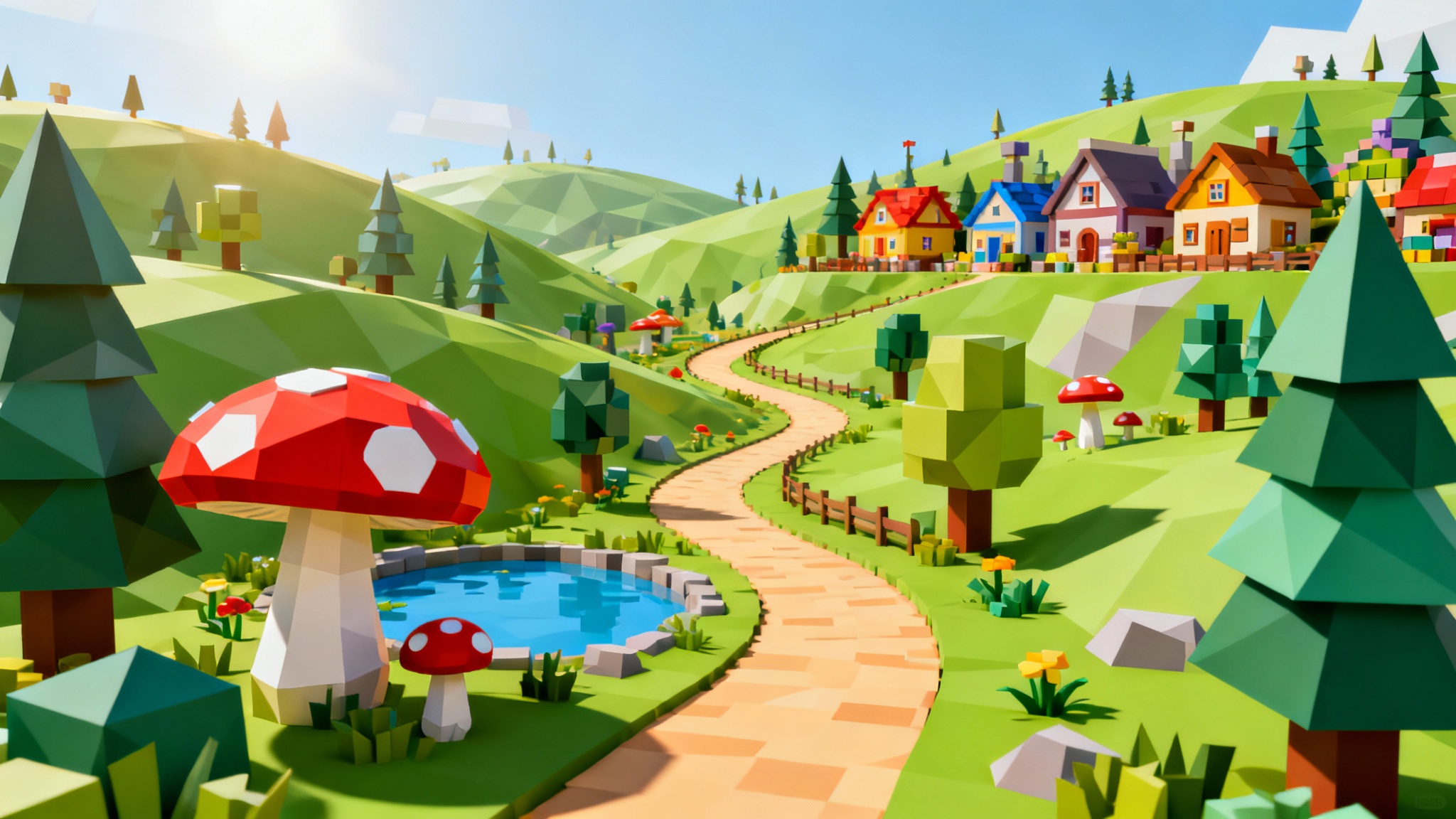 A vibrant, low-poly style 3D render of a Roblox game map, shown from a wide, cinematic angle. The landscape has rolling green hills, blocky trees, and a small village with colorful houses. A path winds through the scene, and the lighting is bright and cheerful, creating a polished and inviting look.