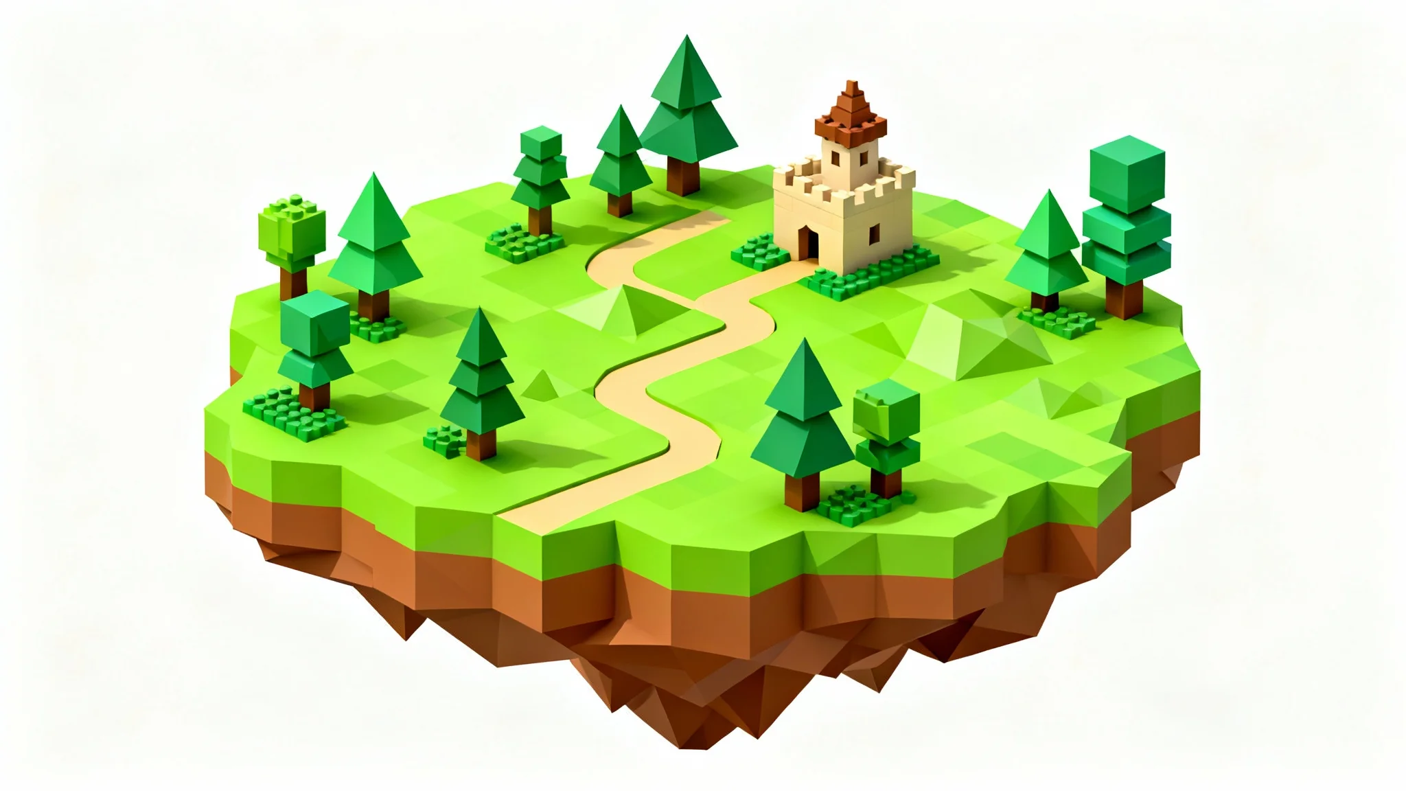A vibrant, low poly 3D model of a Roblox-style floating island map, featuring blocky trees and a small castle, isolated on a plain white background.