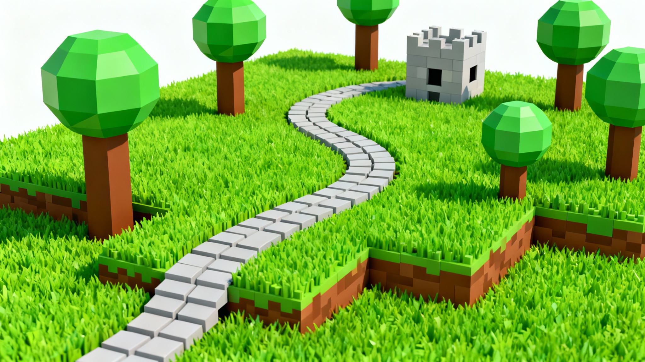A low-poly 3D model of a vibrant Roblox-style island map, featuring blocky trees, a winding path, and a small castle, isolated against a plain white background.