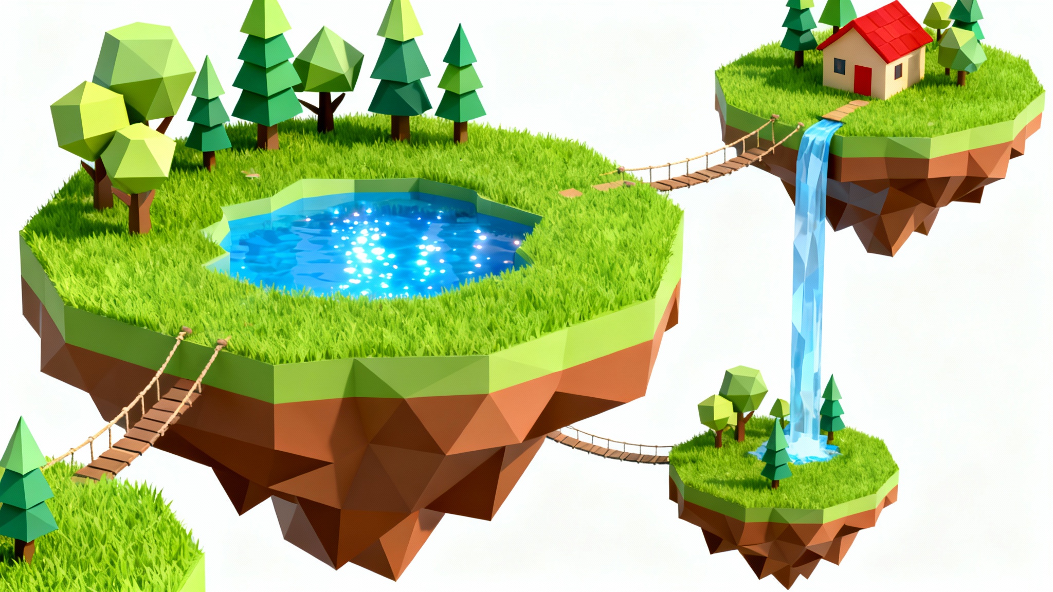 An isometric view of a vibrant, low-poly 3D map styled like a Roblox game, featuring floating islands with blocky trees, a small cottage, and a waterfall, all set against a plain white background.