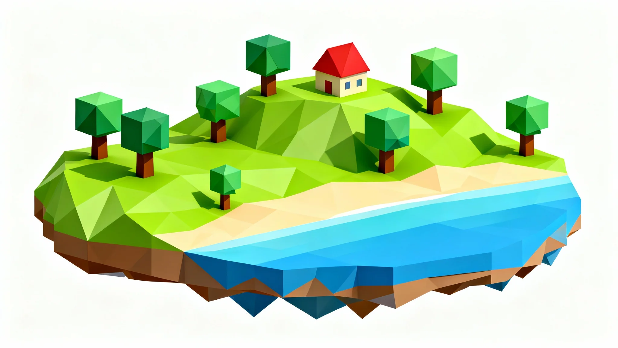 A vibrant, 3D low-poly model of a small island designed in a blocky style similar to a Roblox map, featuring green hills, a sandy beach, and a small house, set against a clean white background.