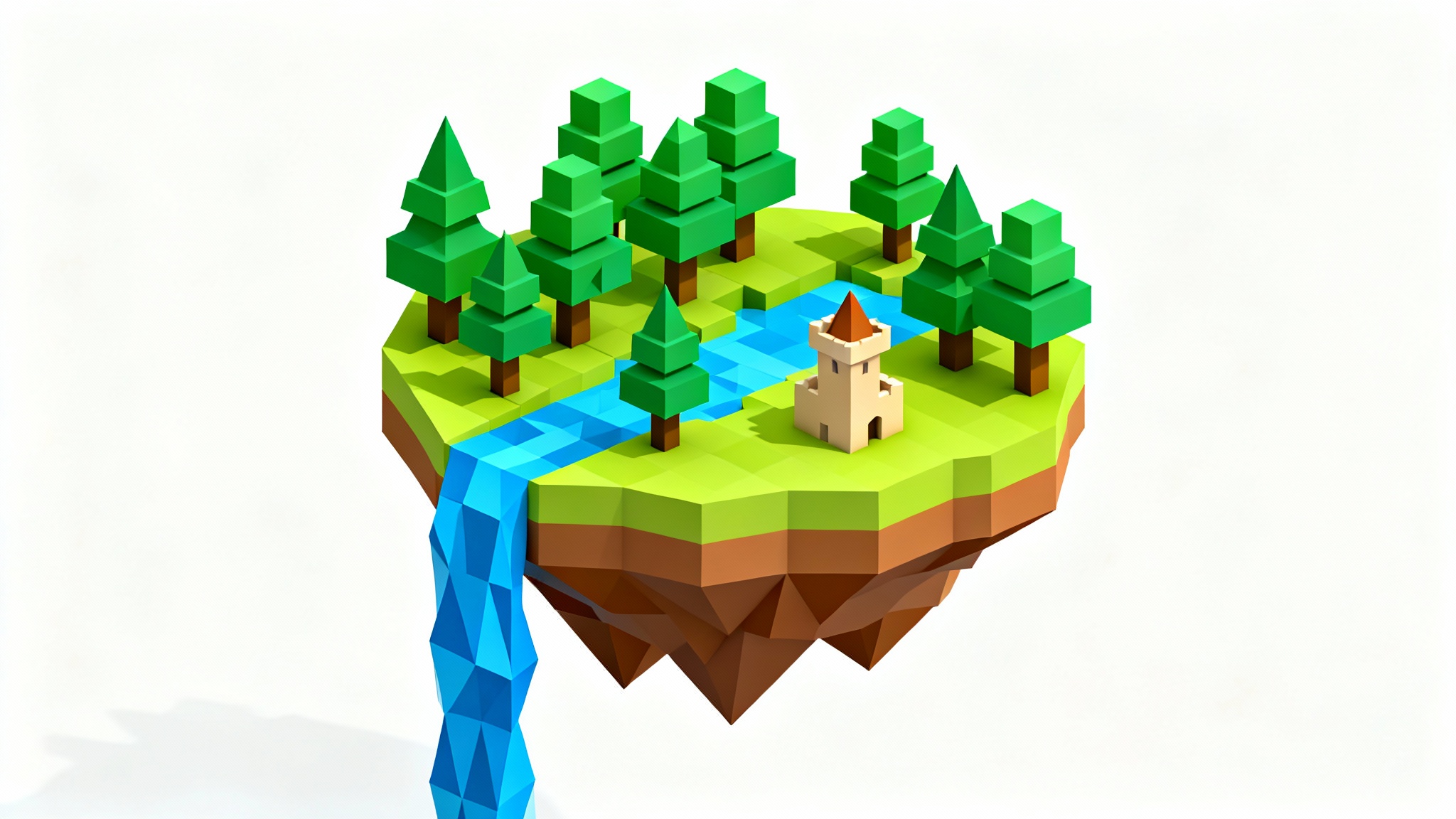 A low-poly, blocky game map inspired by Roblox, showing a floating island with a small castle and a waterfall, set against a plain white background.