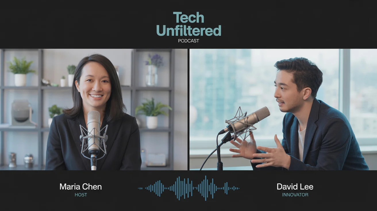 A screenshot of a professionally designed video podcast showing a split-screen interview. The host and guest are in separate windows, with graphic overlays for the podcast title, their names, and a visual audio waveform.