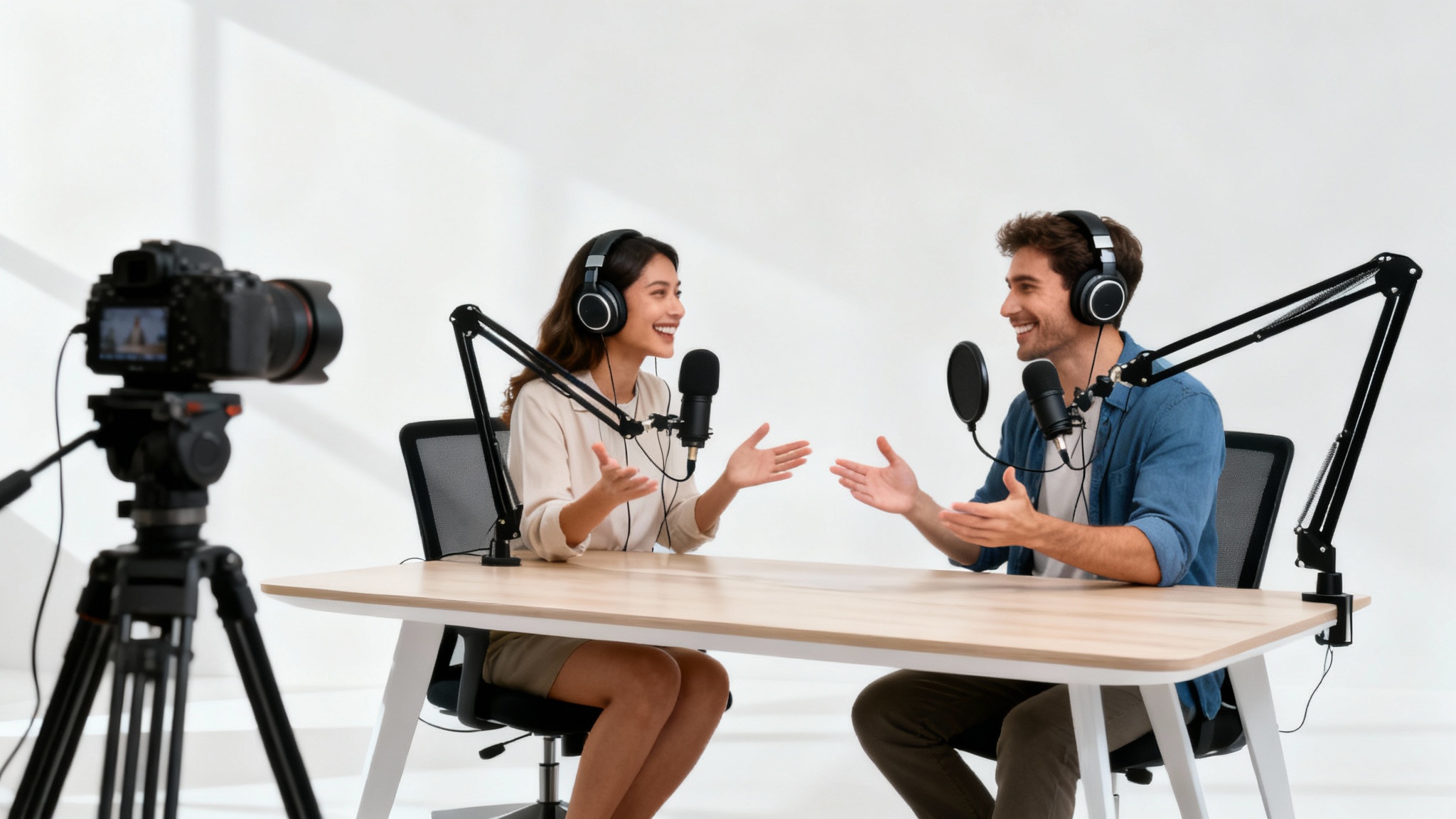 A man and a woman record a video podcast in a professional studio setup with high-quality microphones and a camera, set against a clean white background.