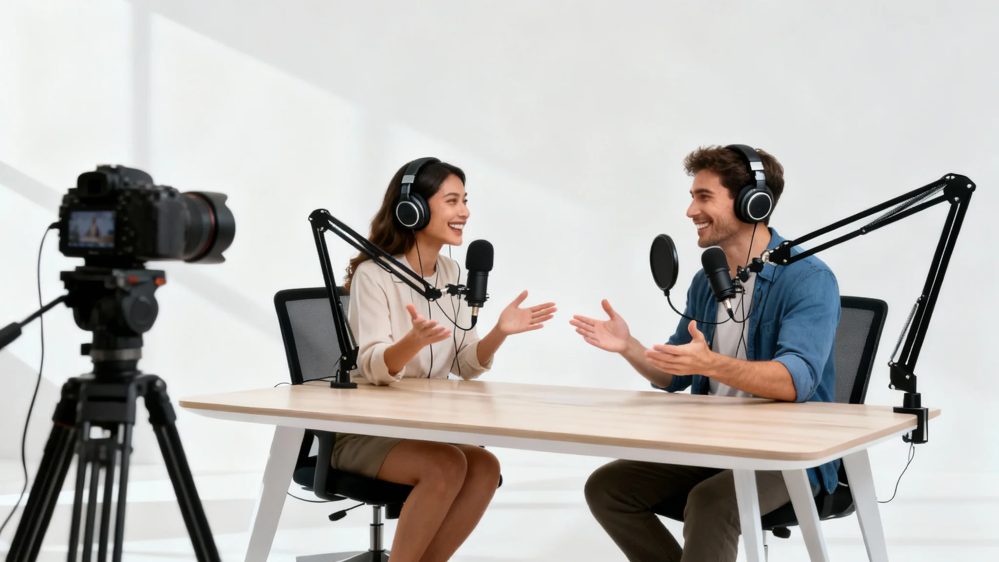 A man and a woman record a video podcast in a professional studio setup with high-quality microphones and a camera, set against a clean white background.