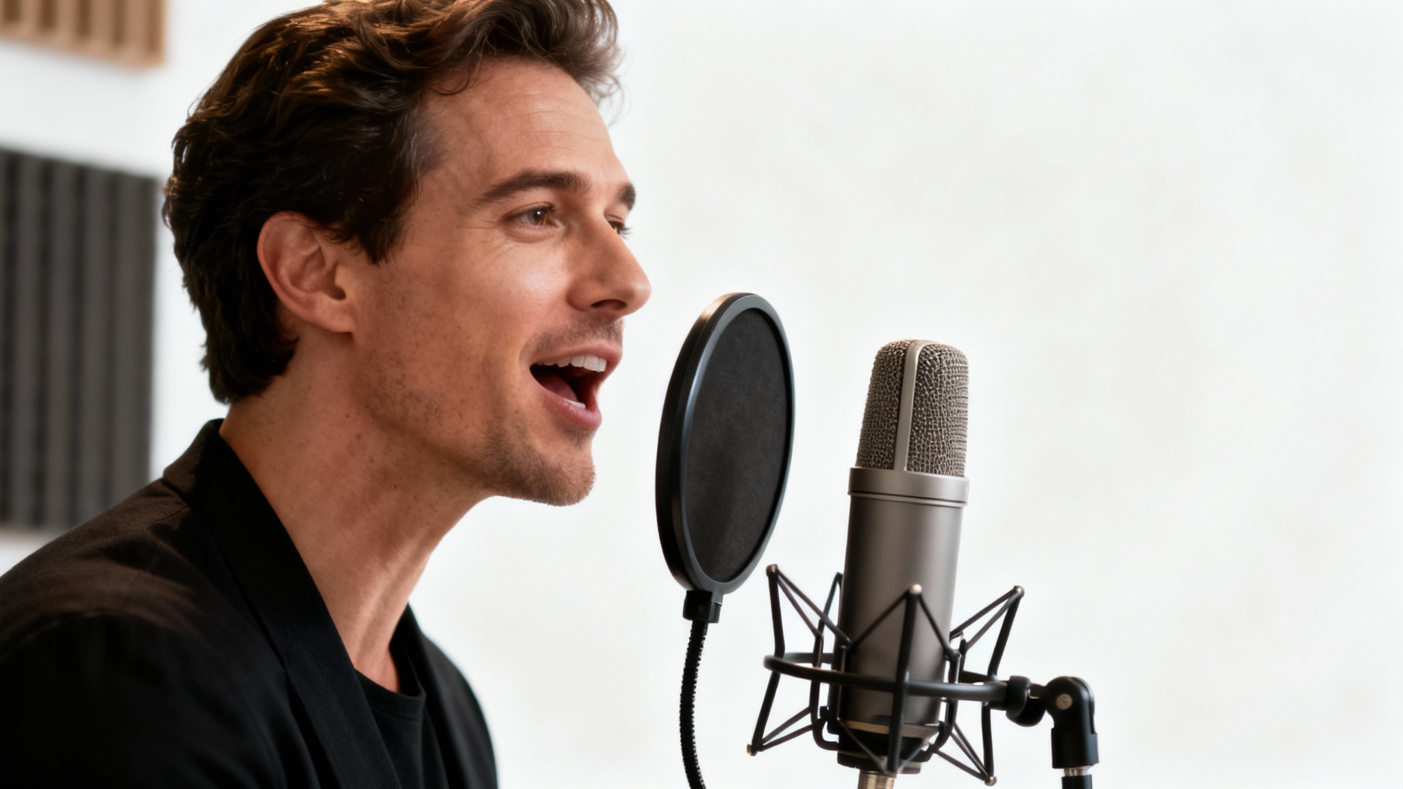 A polished still frame from a podcast video, showing a host speaking into a professional microphone in a modern studio setting, isolated on a white background.