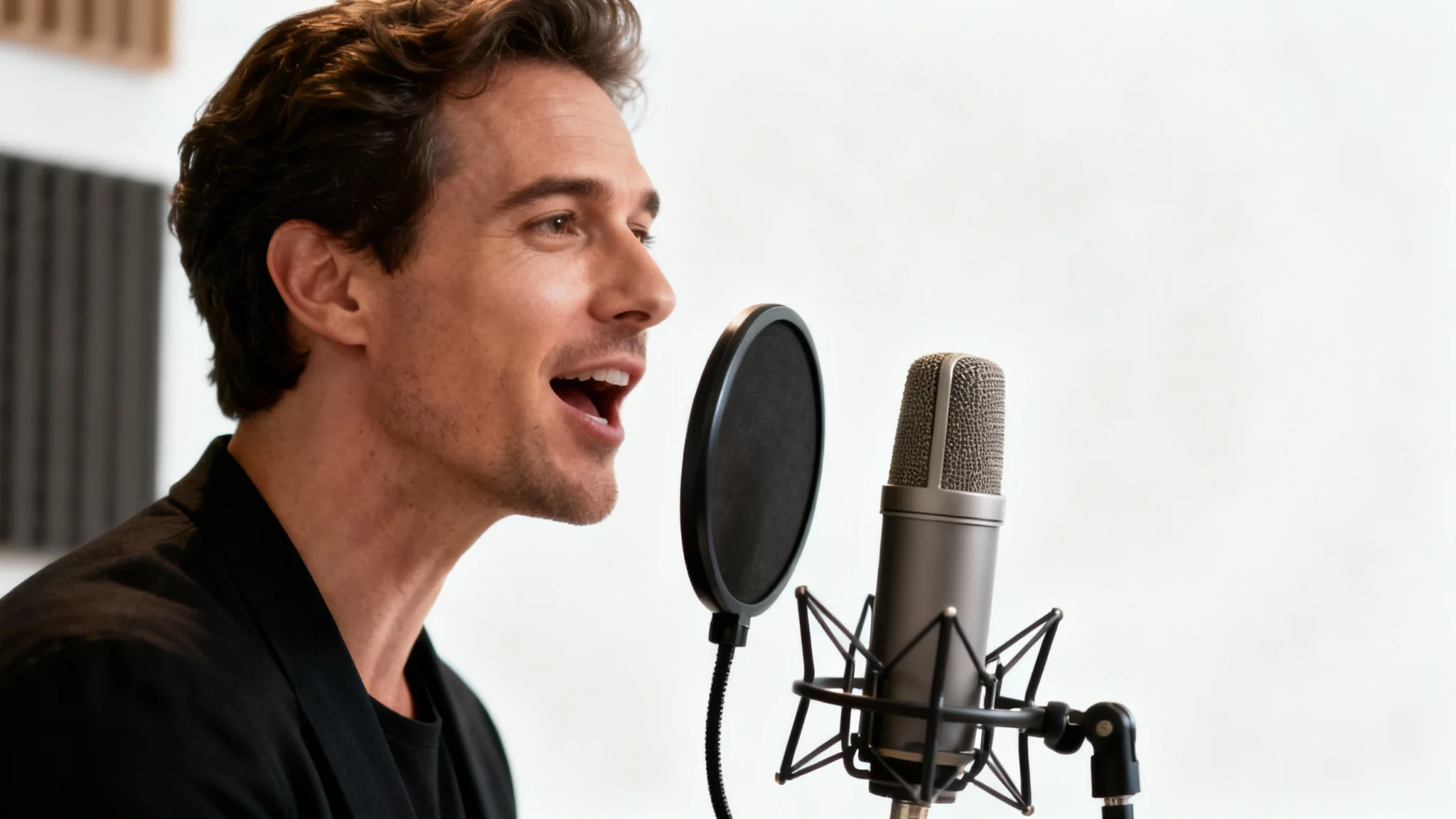 A polished still frame from a podcast video, showing a host speaking into a professional microphone in a modern studio setting, isolated on a white background.