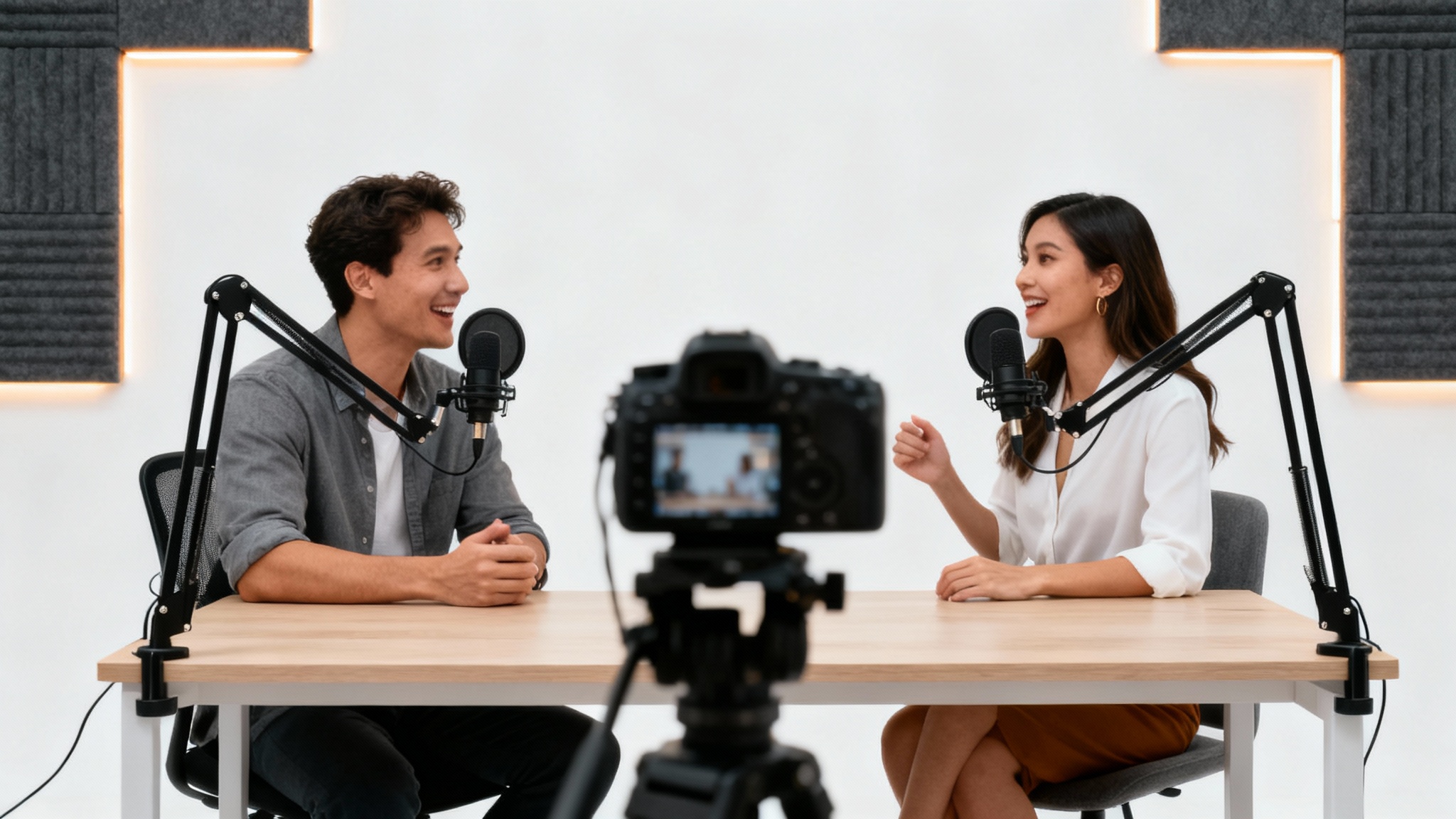 A professional podcast video recording setup with two hosts at a desk with microphones, being filmed by a DSLR camera, all set against a clean white background.