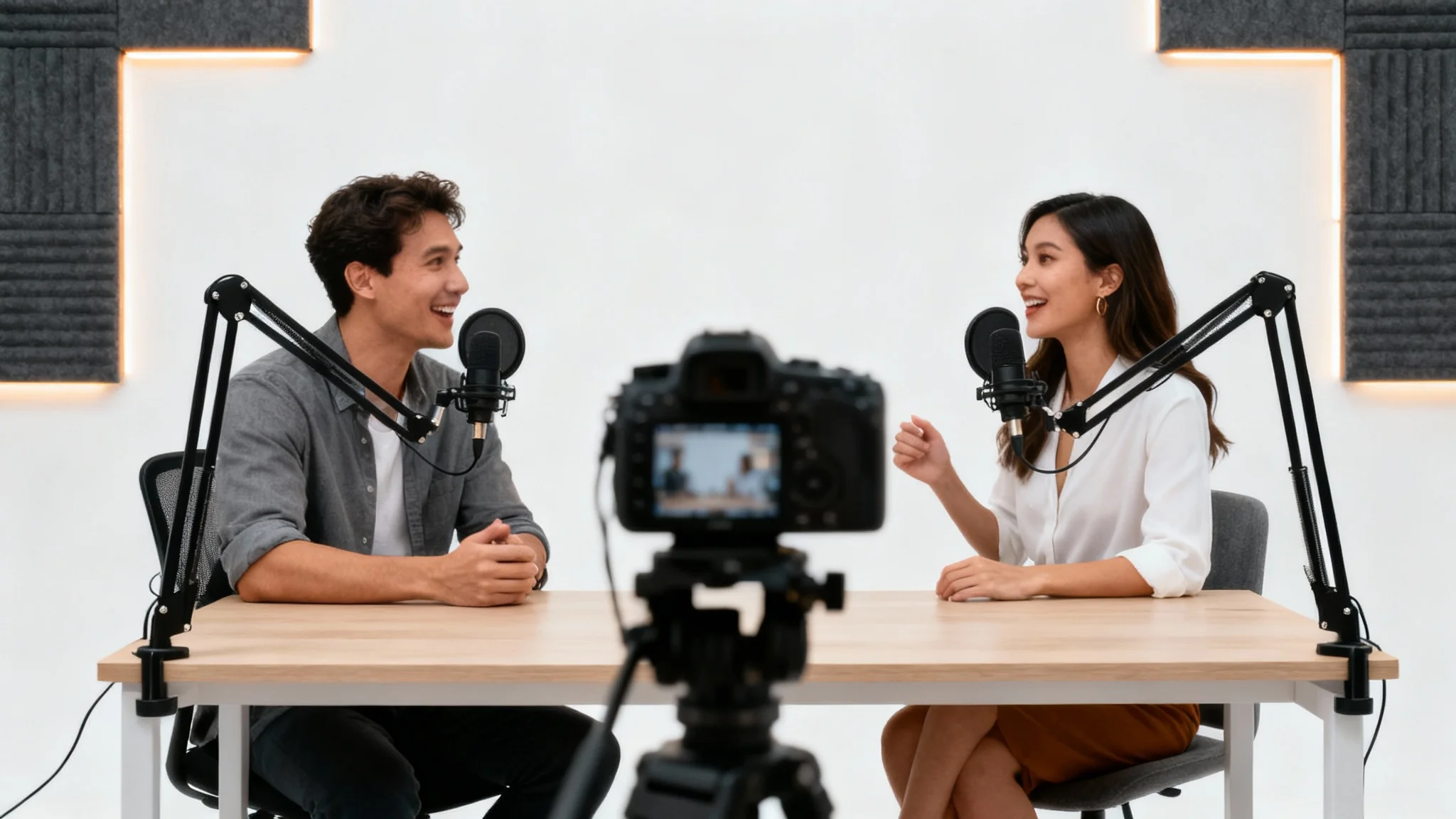 A professional podcast video recording setup with two hosts at a desk with microphones, being filmed by a DSLR camera, all set against a clean white background.