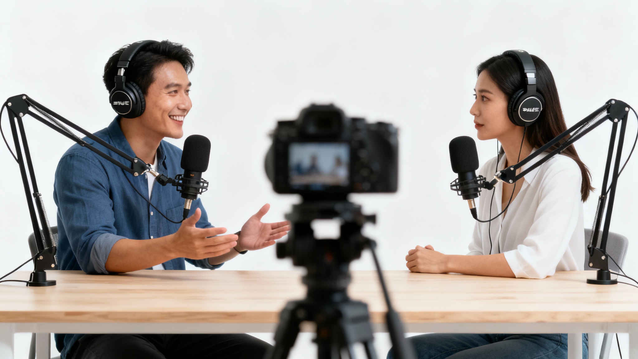 A professional podcast video recording session with a male host and a female guest sitting at a desk with microphones and headphones, set against a clean white background.