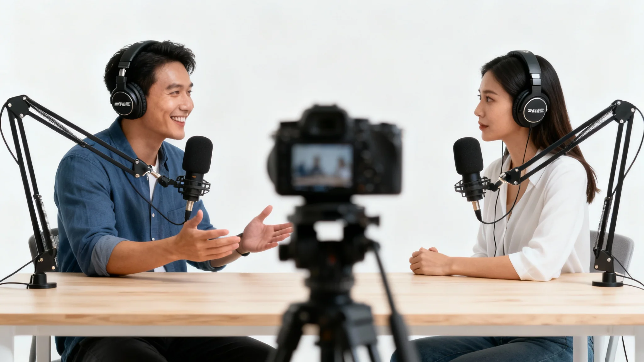 A professional podcast video recording session with a male host and a female guest sitting at a desk with microphones and headphones, set against a clean white background.