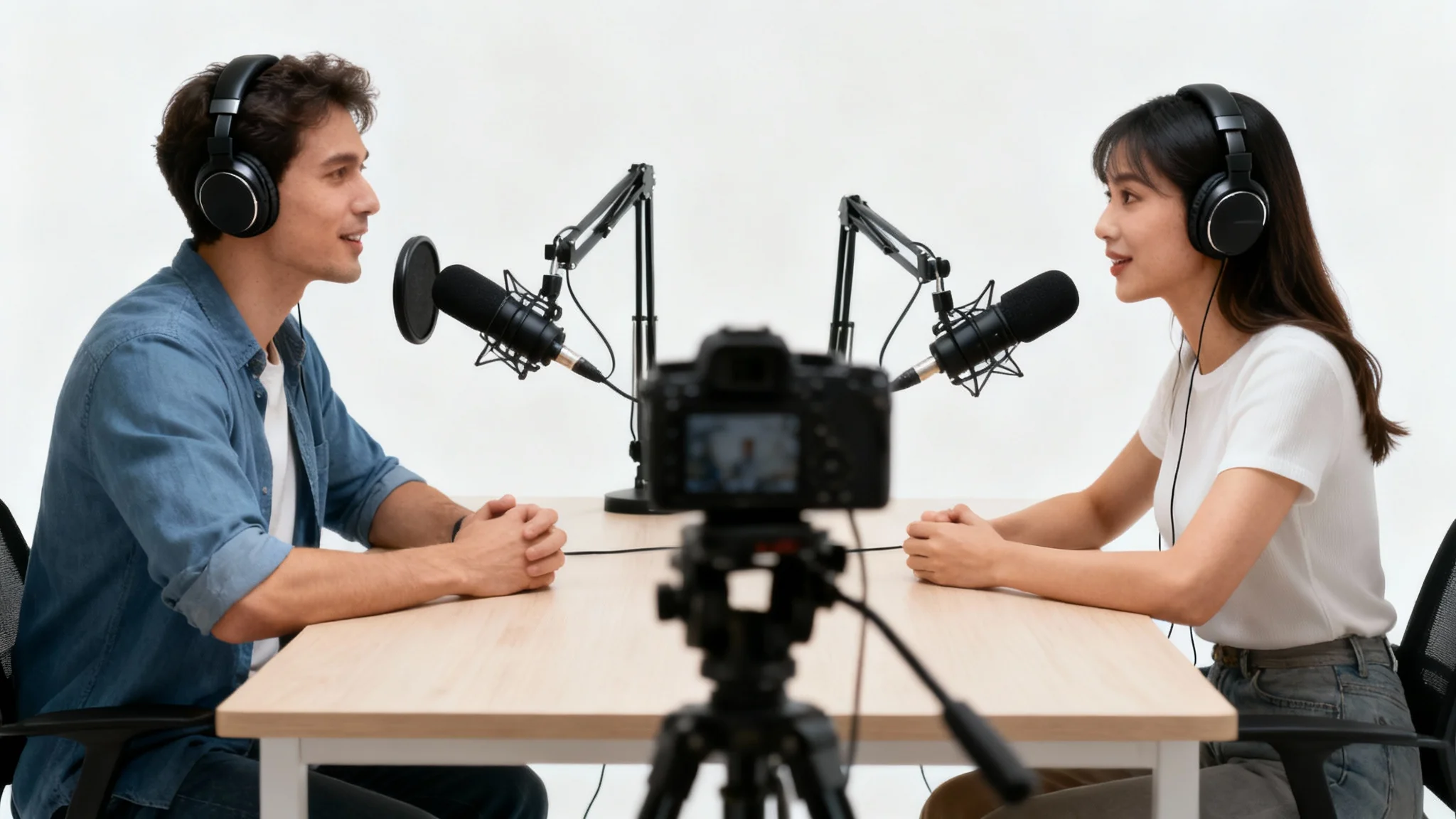 A professional setup for a video podcast showing two people with microphones and headphones being filmed by a camera against a white background.
