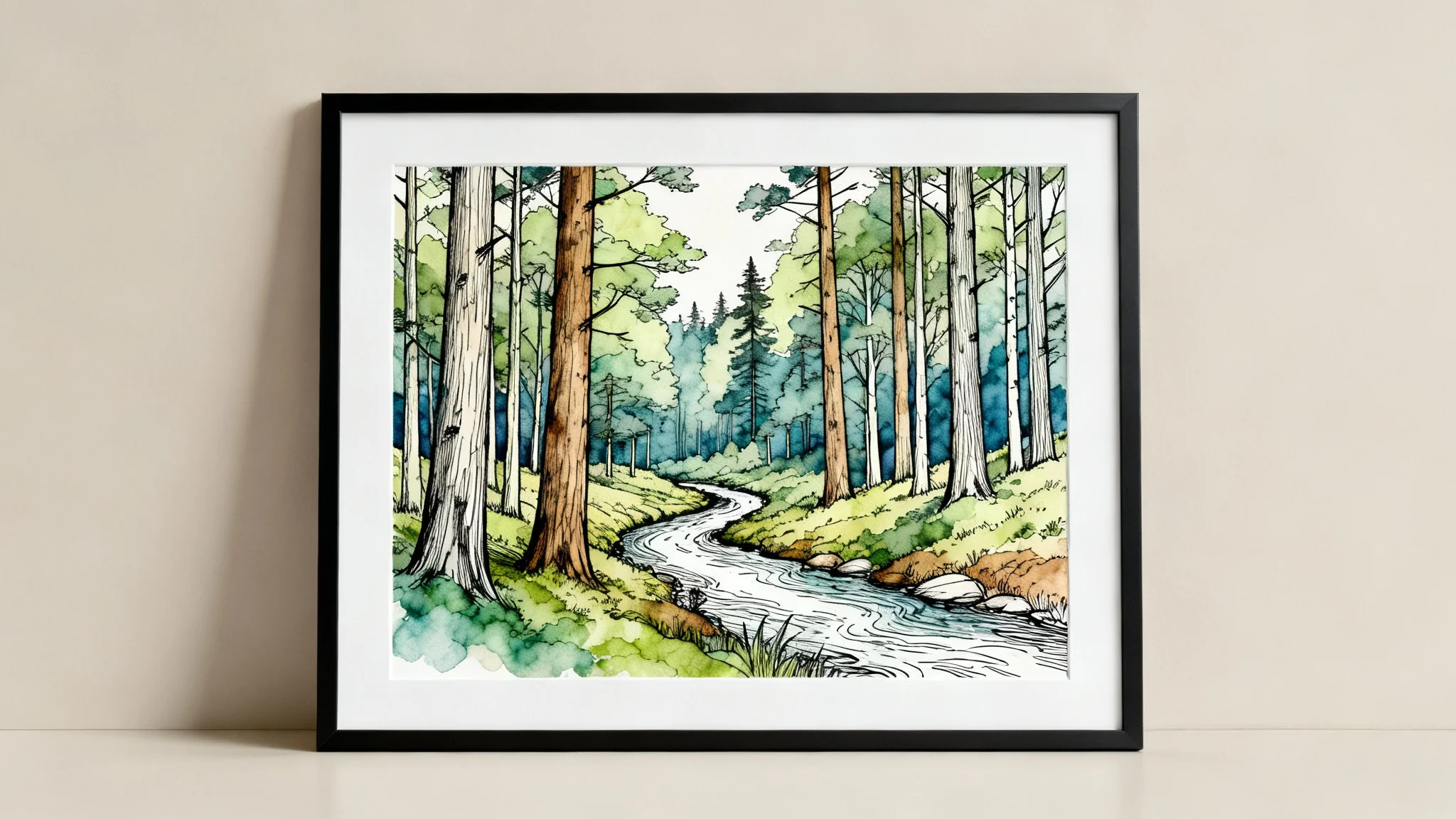 A photorealistic mockup of a framed art print showing a forest scene. The original line art has been colored with a soft watercolor palette, depicting trees and a stream.