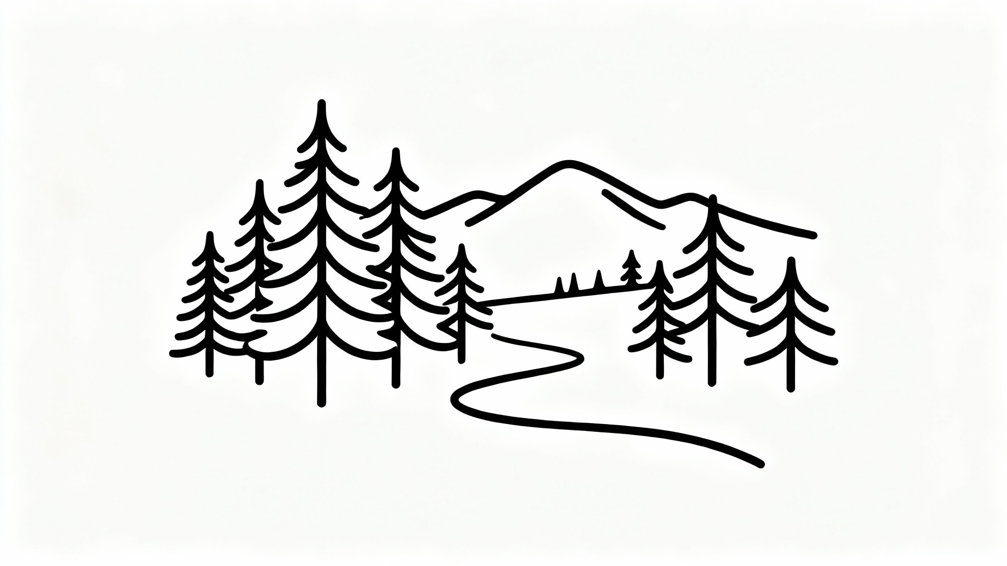 A minimalist black line art illustration of a serene pine forest with a winding path and distant mountains, isolated on a clean white background.