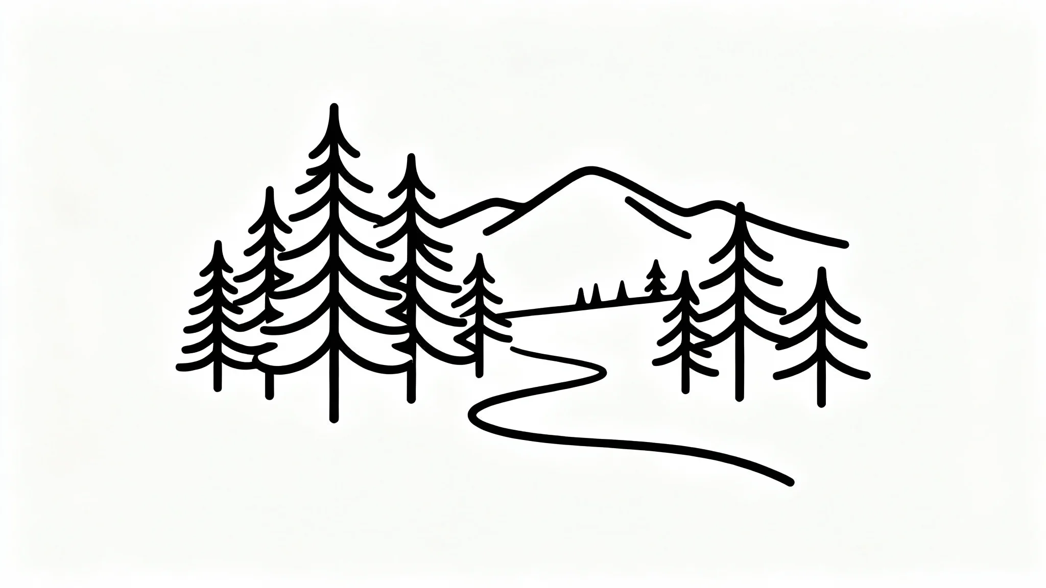 A minimalist black line art illustration of a serene pine forest with a winding path and distant mountains, isolated on a clean white background.