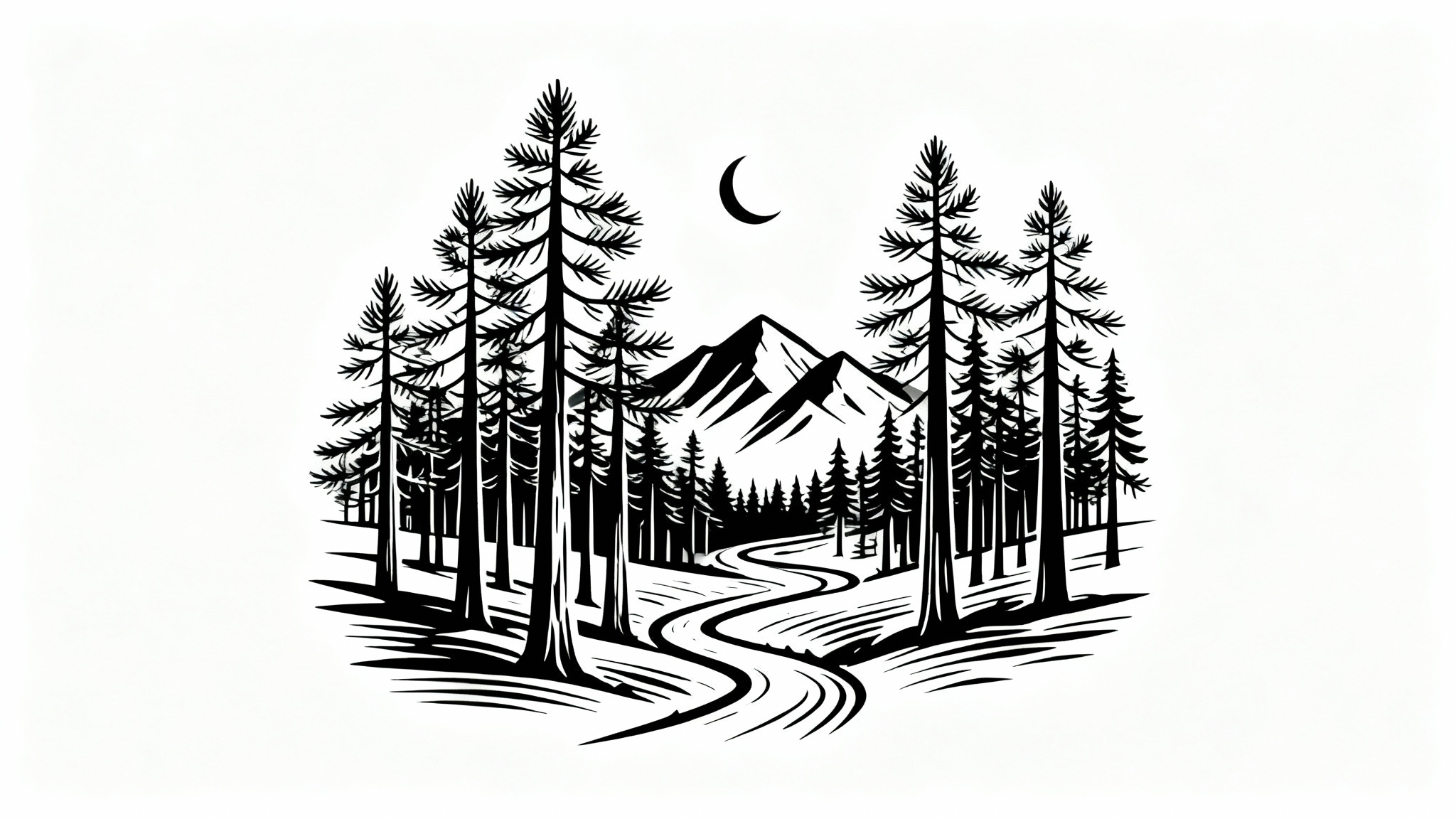 A clean black and white line art drawing of a forest scene with pine trees and distant mountains, presented in a minimalist style on a white background.