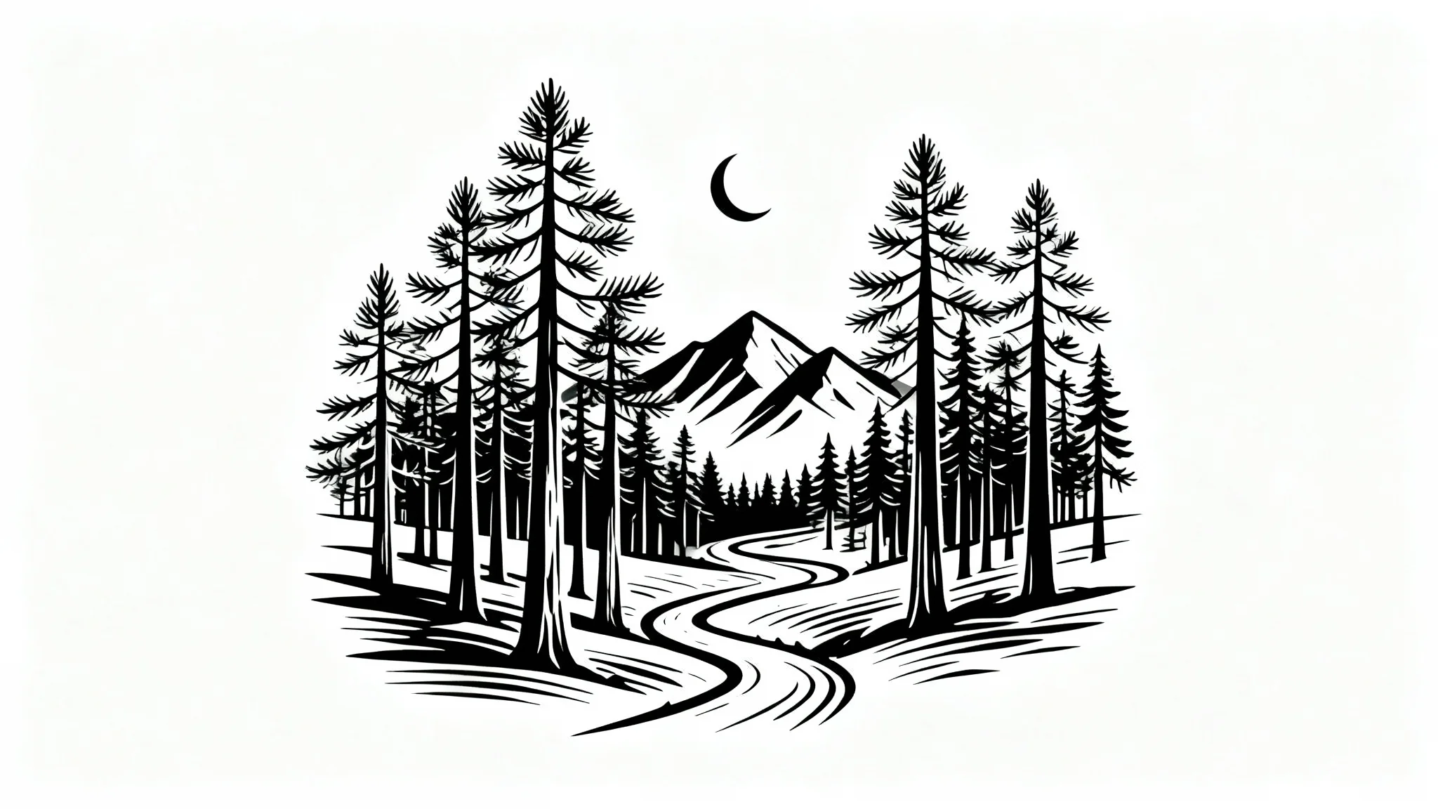 A clean black and white line art drawing of a forest scene with pine trees and distant mountains, presented in a minimalist style on a white background.