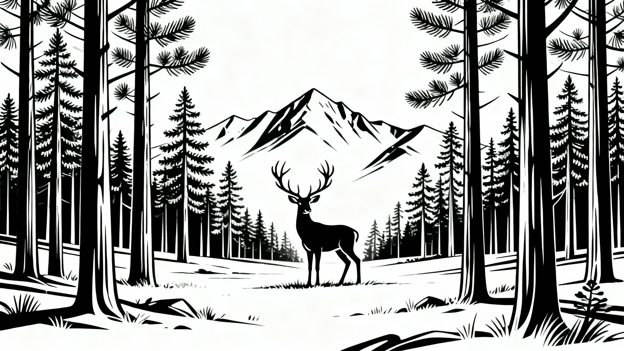 A minimalist black and white line art illustration of a forest scene, featuring a stag among tall pine trees with mountains in the background, all on a white background.