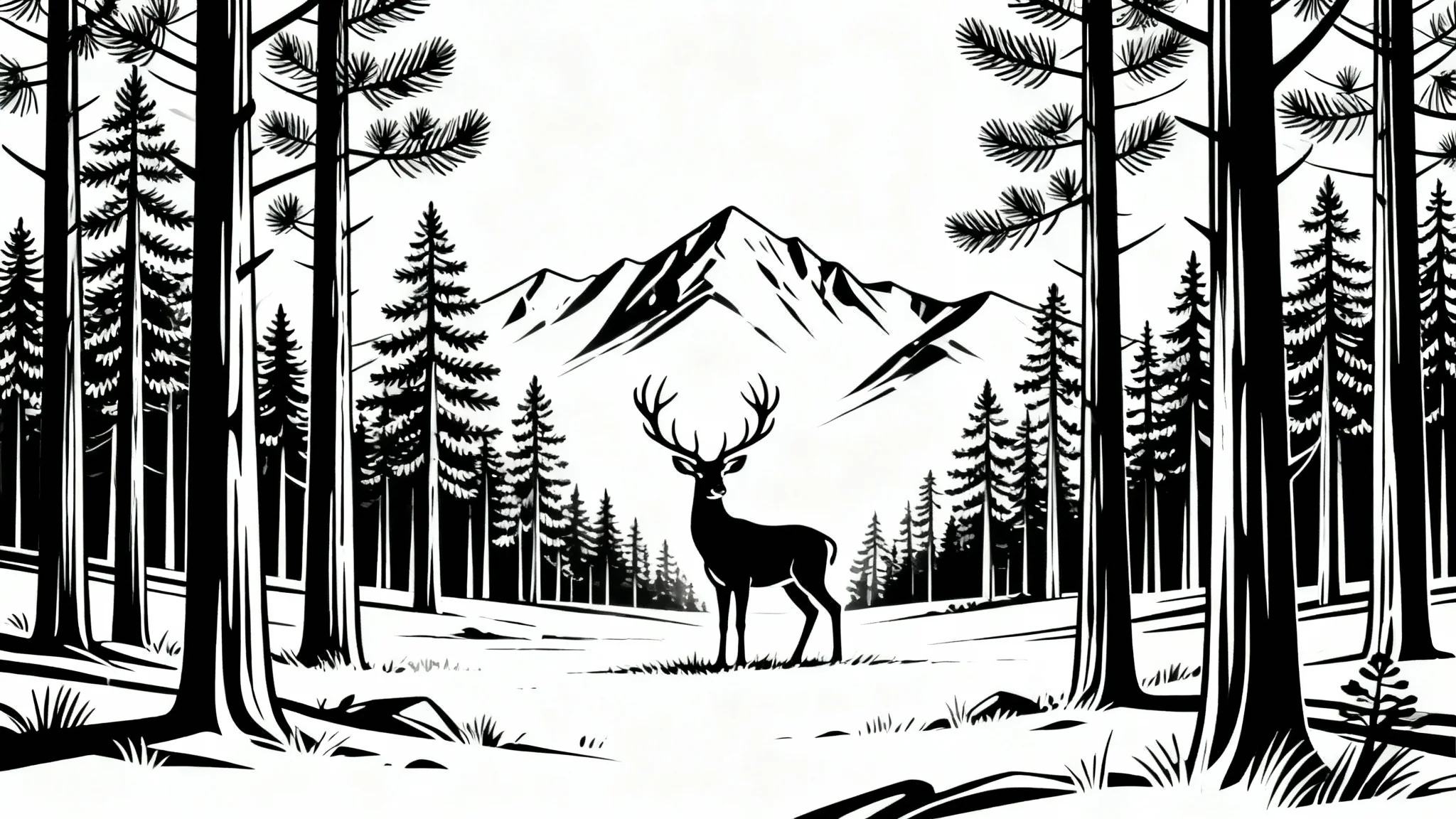A minimalist black and white line art illustration of a forest scene, featuring a stag among tall pine trees with mountains in the background, all on a white background.
