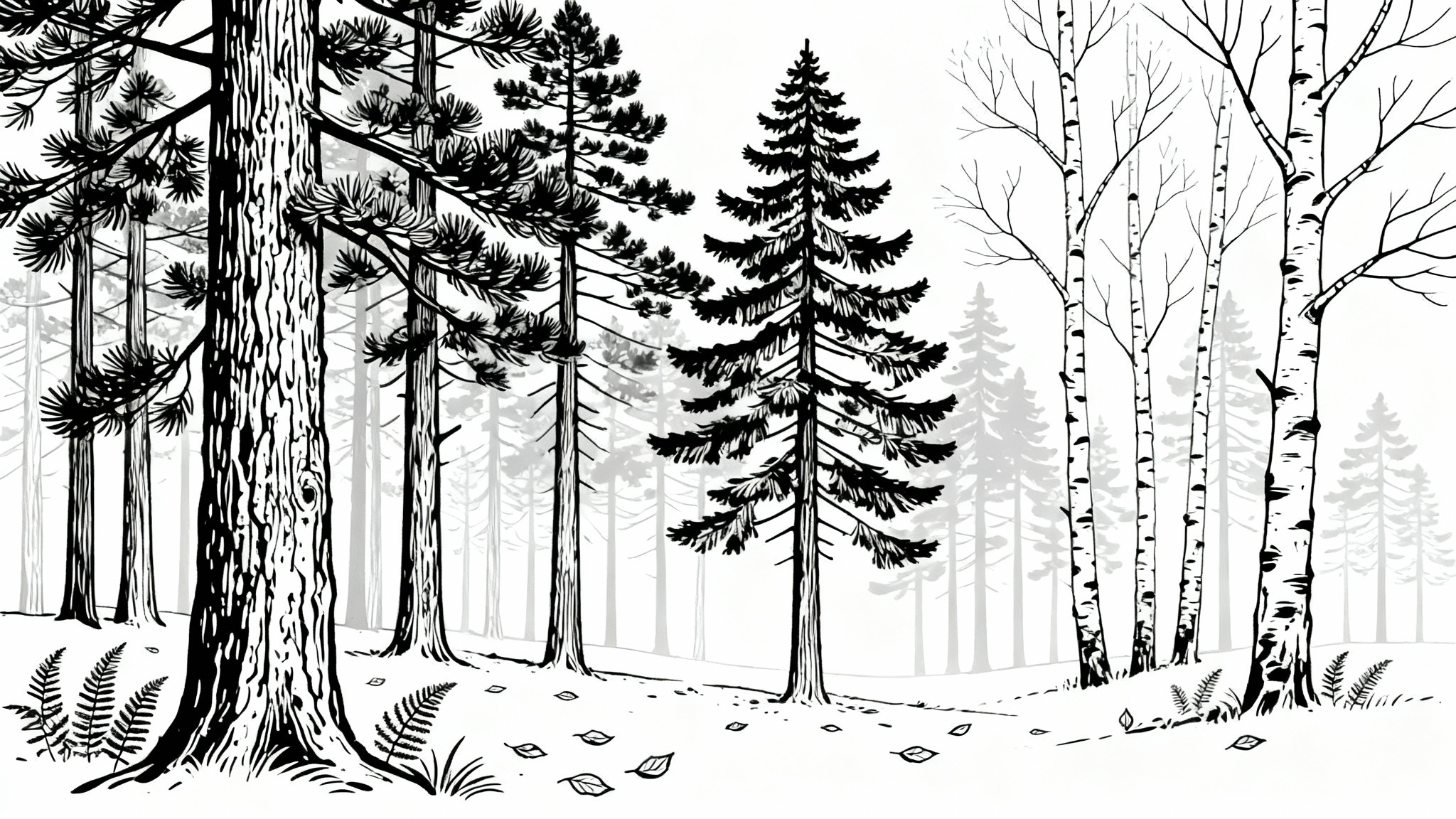 A minimalist black and white line art drawing of a peaceful forest, featuring various types of trees on a clean white background.