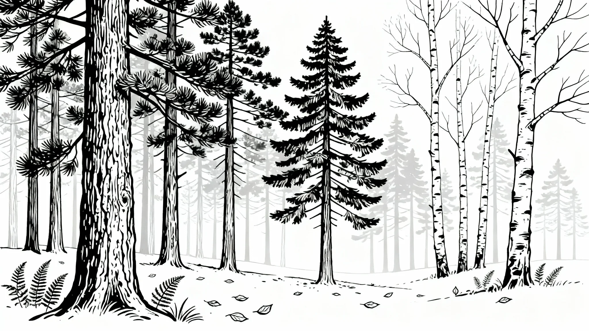 A minimalist black and white line art drawing of a peaceful forest, featuring various types of trees on a clean white background.