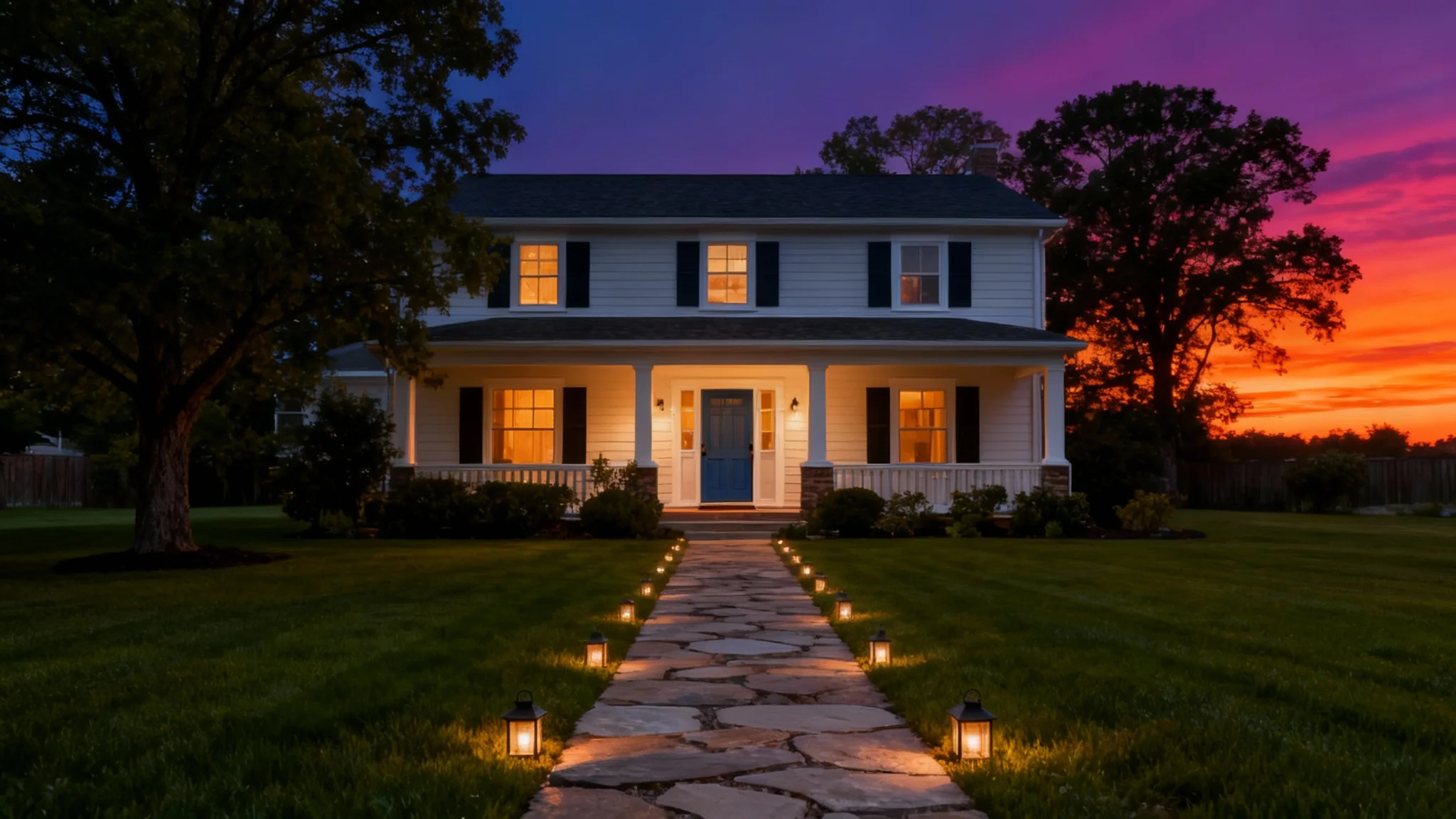 A stunning virtual twilight photograph of a modern home at dusk. The sky is a dramatic blend of deep blue and vibrant orange, and the house is aglow with warm interior and exterior lights, creating a luxurious and welcoming feel.