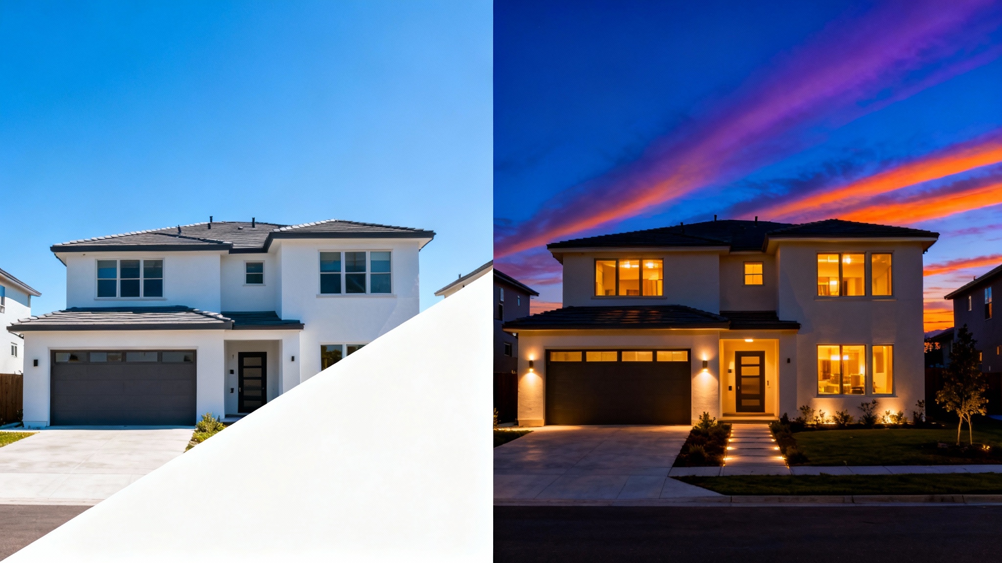A split-screen photo demonstrating the virtual twilight effect on a modern house, with one side showing the house in daylight and the other side showing it at a dramatic, beautifully lit dusk.