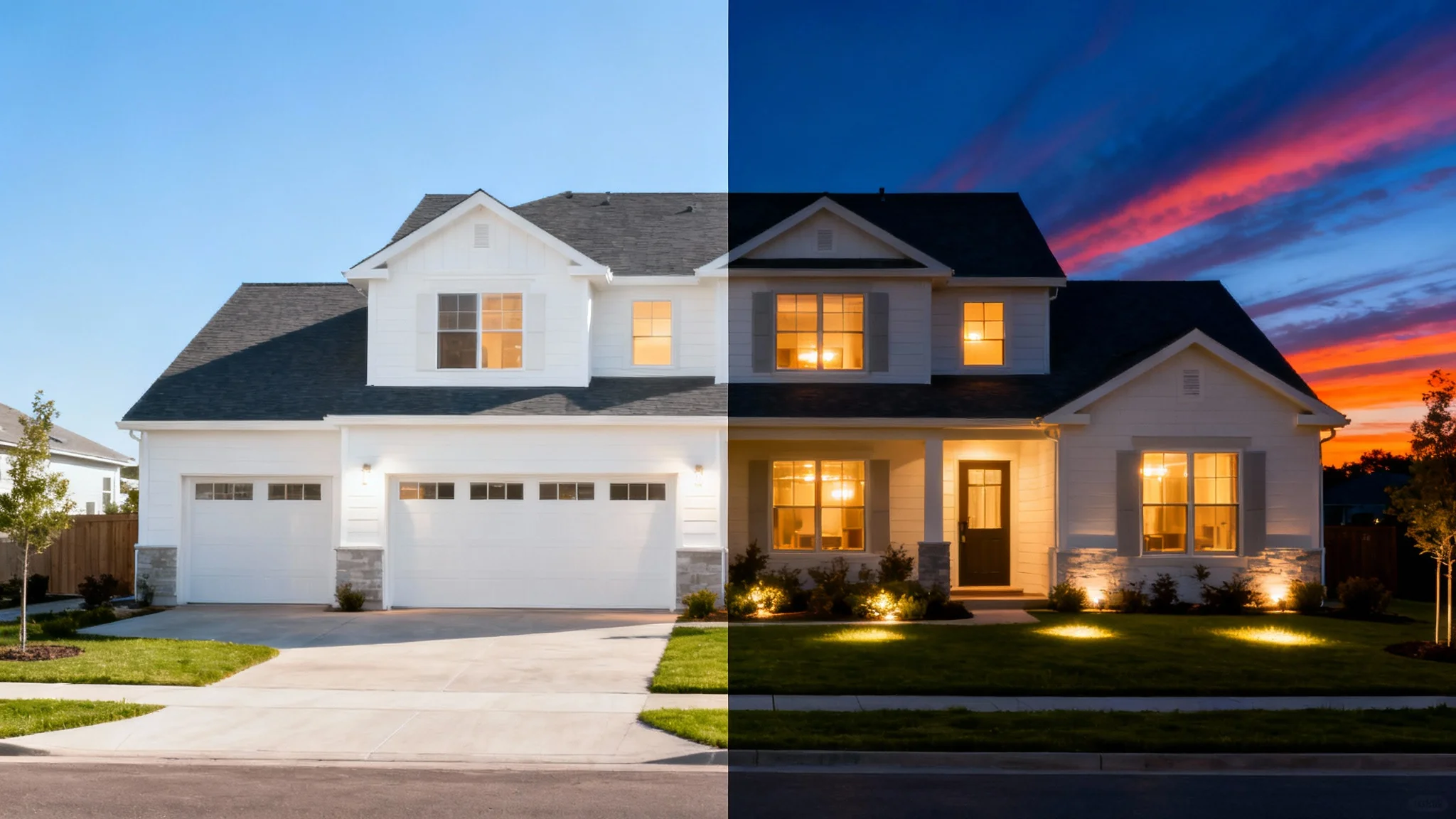 A comparison image showing a modern house before and after a virtual twilight edit. The left side is in daylight, the right is at a beautiful, professionally lit dusk.