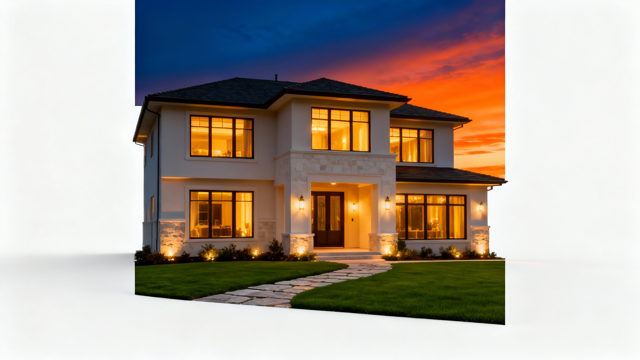 A modern house photographed with a virtual twilight effect, featuring glowing windows and a dramatic sunset sky, isolated against a clean white background.
