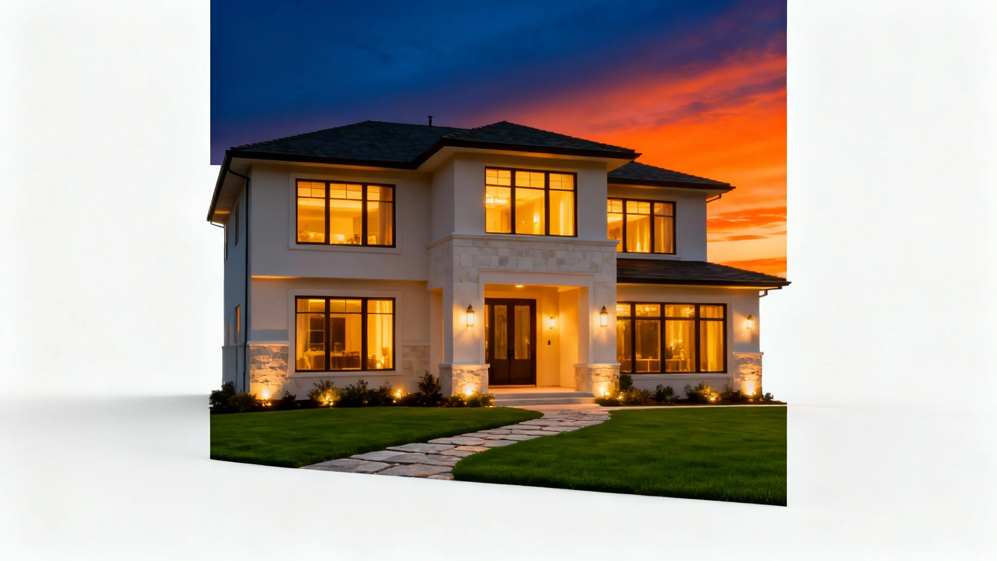 A modern house photographed with a virtual twilight effect, featuring glowing windows and a dramatic sunset sky, isolated against a clean white background.