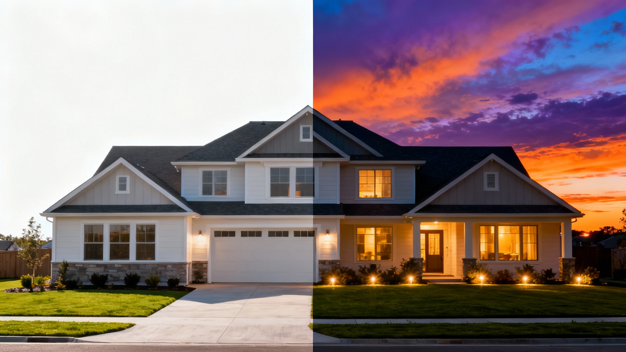 A split-screen comparison image of a modern house. The left side is in bright daylight, and the right side is transformed into a beautiful twilight scene with glowing windows and a colorful sunset sky, illustrating the virtual twilight effect.