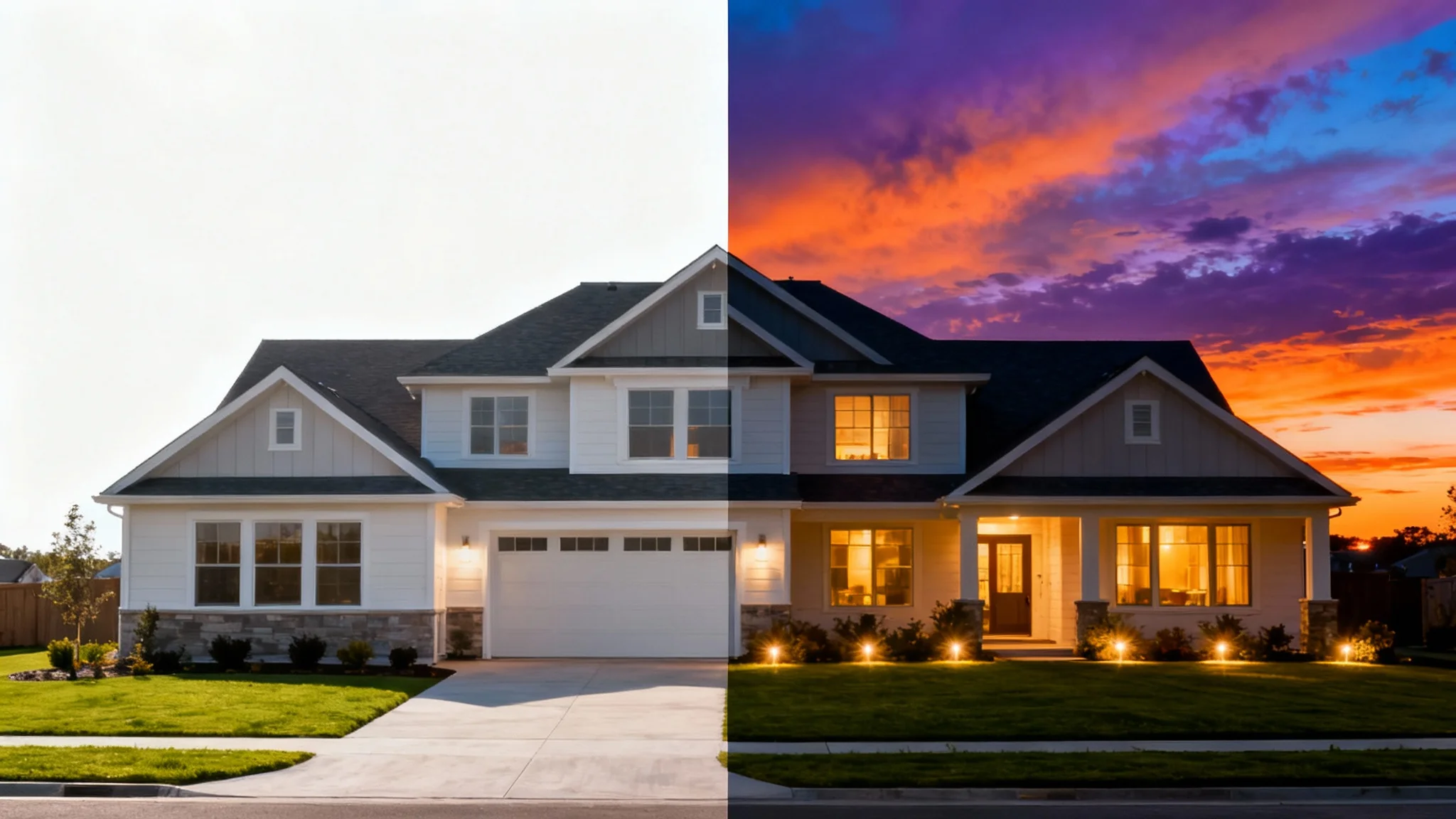 A split-screen comparison image of a modern house. The left side is in bright daylight, and the right side is transformed into a beautiful twilight scene with glowing windows and a colorful sunset sky, illustrating the virtual twilight effect.