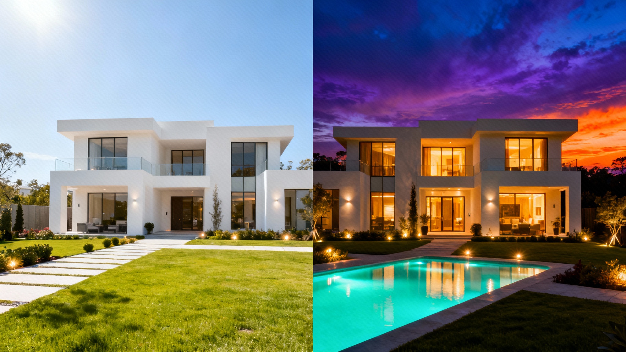 A split-screen comparison showing the before-and-after effect of virtual twilight photography on a modern house. The left side shows the house in bright daylight, and the right side shows the same house at dusk with a beautiful sunset sky and glowing interior lights.