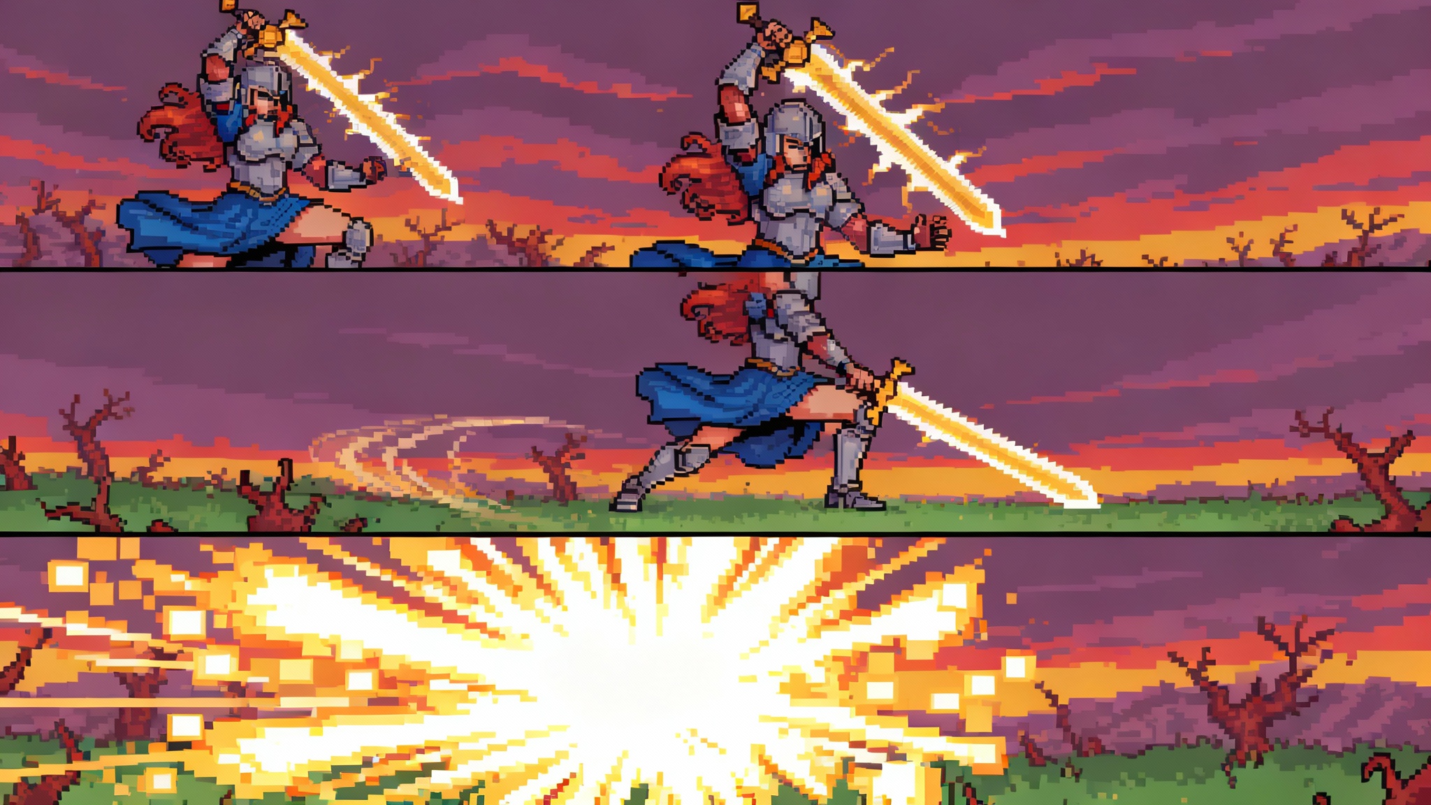 A sequence of three pixel art frames showing a female warrior's sword attack, displayed from left to right against a battlefield background. The first frame shows her preparing to strike, the second shows the swing in motion, and the third shows a large energy explosion at the point of impact.