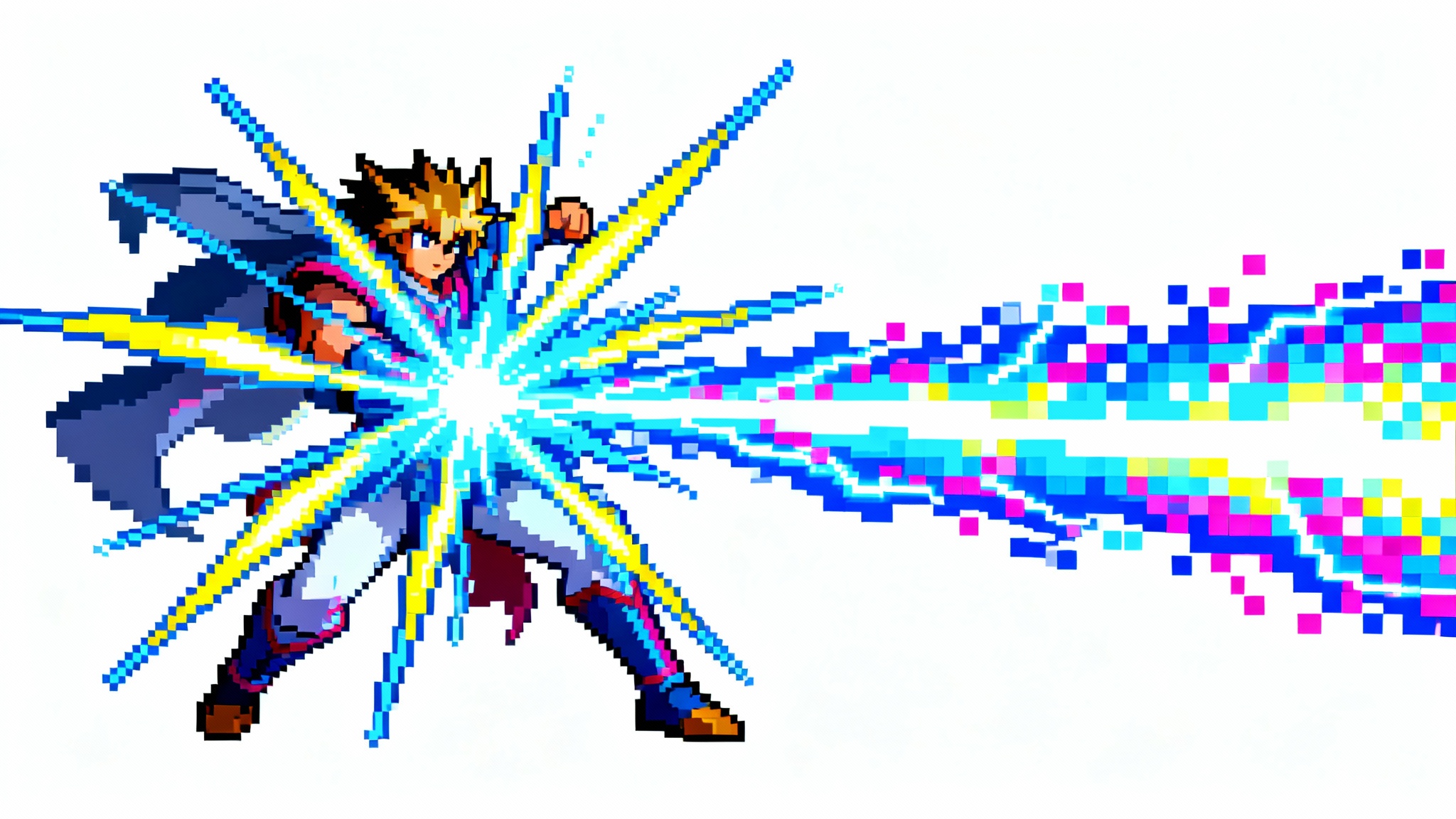 A 16-bit pixel art depiction of a character performing a special attack, which appears as a colorful, explosive trail of pixels, set against a plain white background.