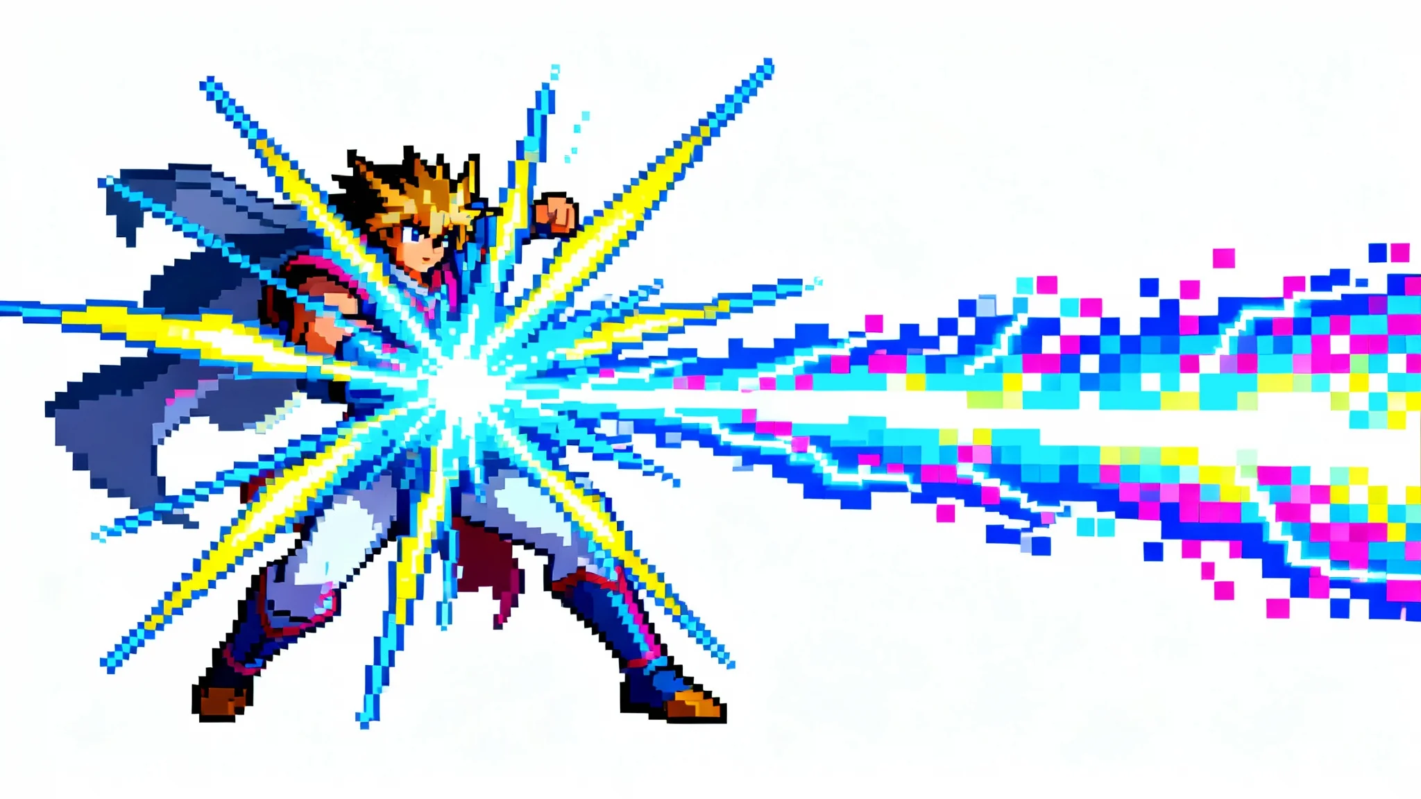 A 16-bit pixel art depiction of a character performing a special attack, which appears as a colorful, explosive trail of pixels, set against a plain white background.