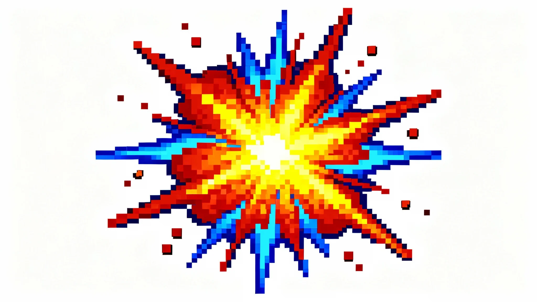 A 16-bit pixel art animation of a powerful attack, showing a vibrant explosion of red, blue, and yellow pixels on a white background, like a special move from a retro video game.
