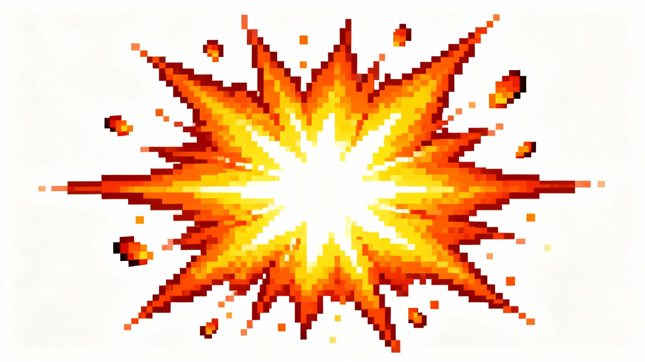 A centered, 16-bit pixel art explosion representing a video game attack, with vibrant orange, yellow, and white pixels against a clean white background.